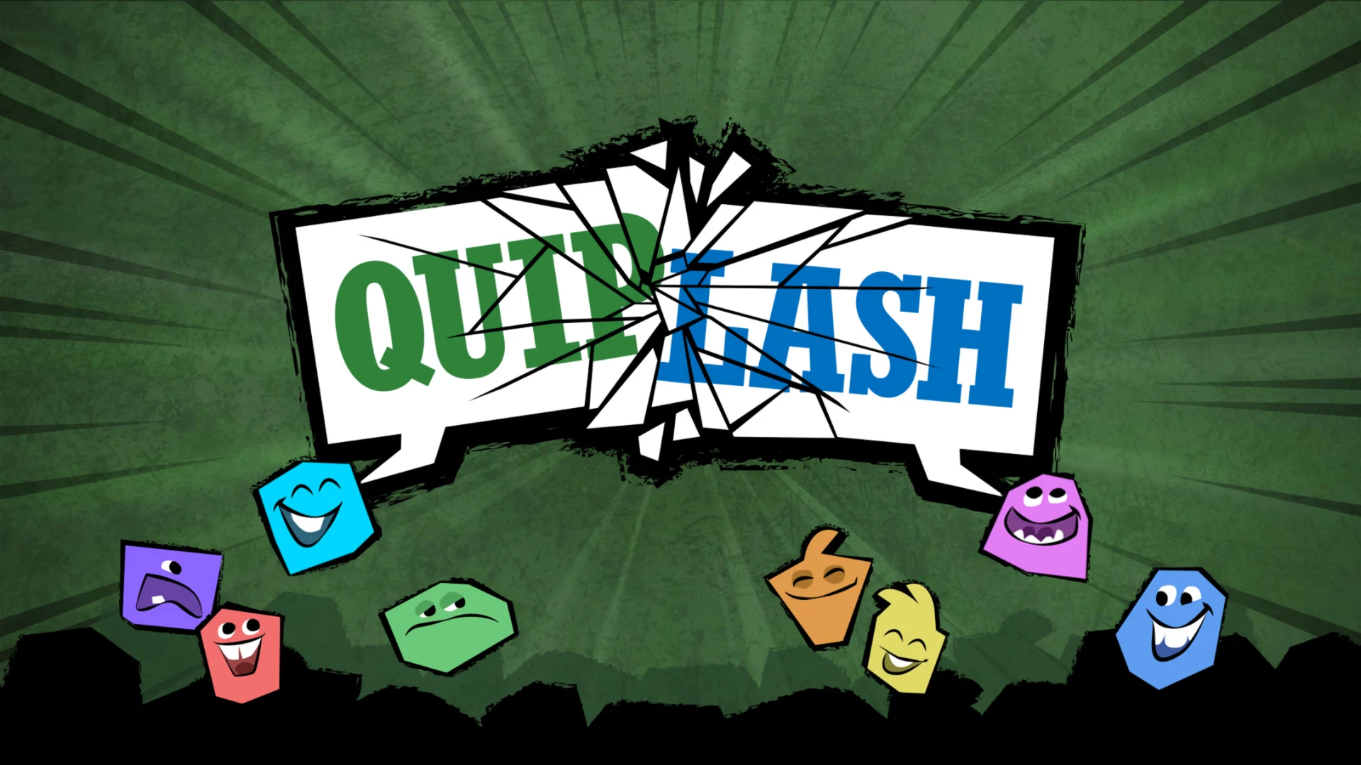 Quiplash game logo with cracked speech bubbles and colorful characters on green background