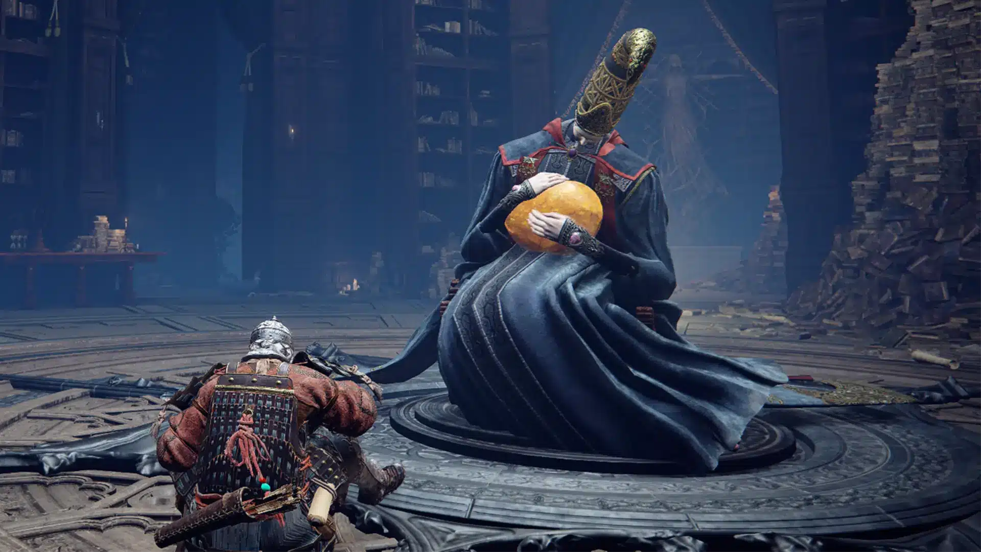 A shot of Rennala from Elden Ring wearing a tall golden crown and holding an amber egg.