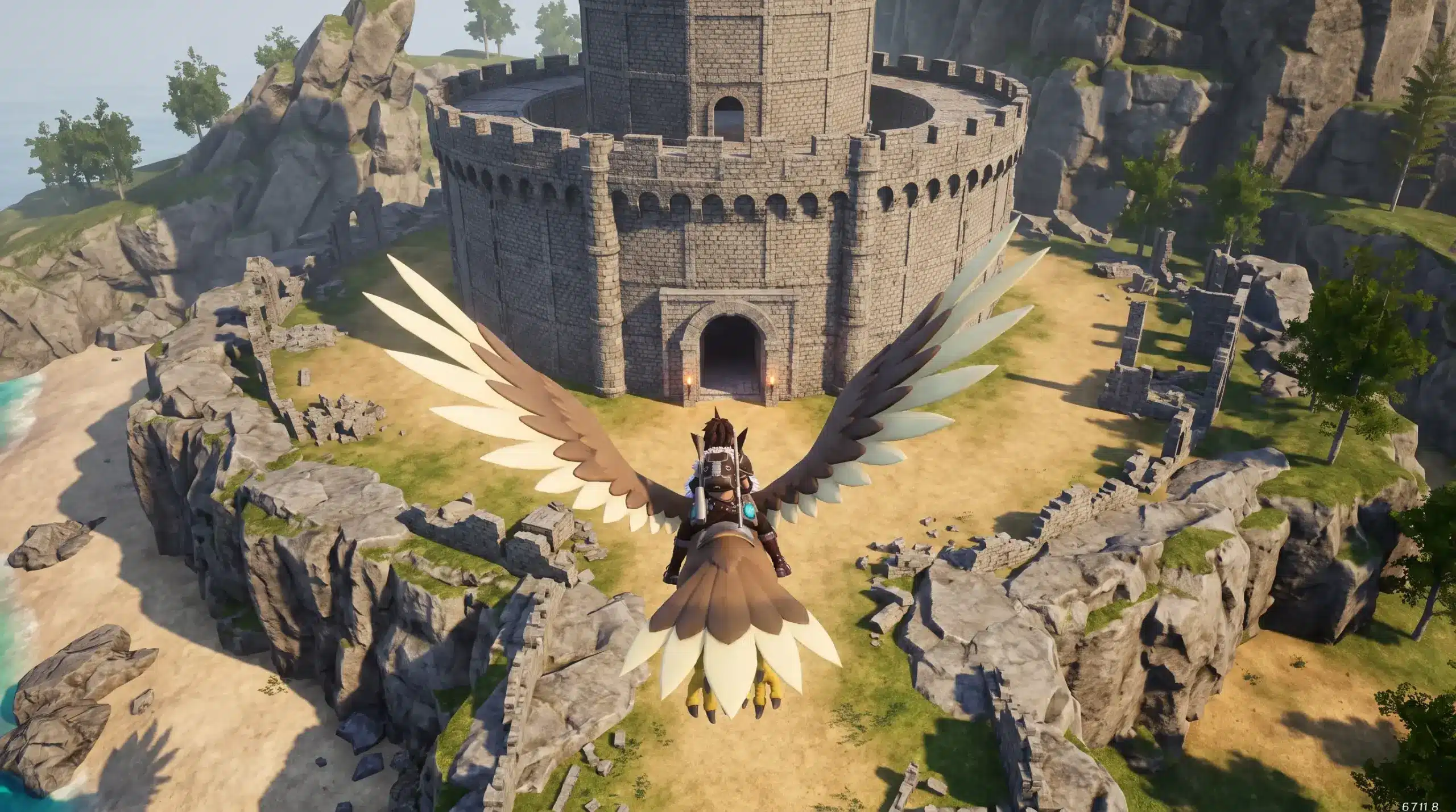 Player riding a flying mount toward the ground-level entrance of the Free Pal Alliance Tower.