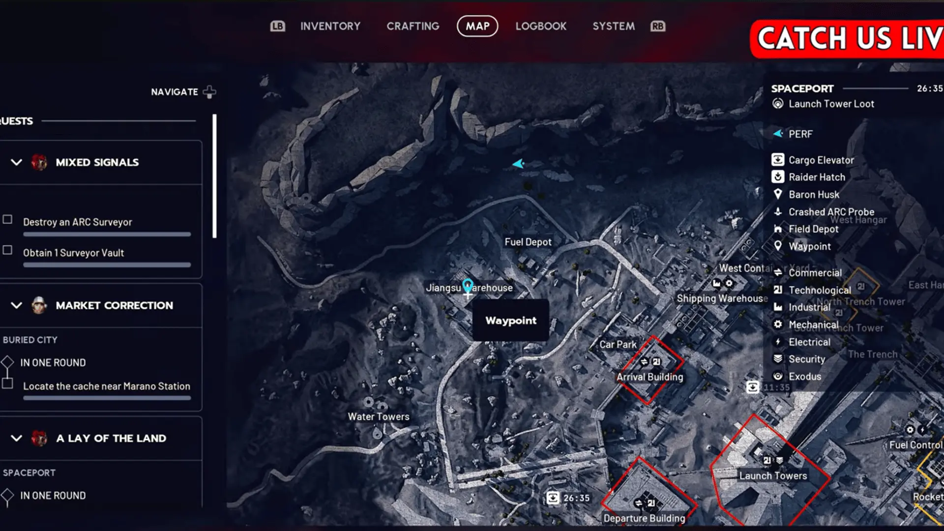 Spaceport map showing the Jiangsu Warehouse location for the first A Lay of the Land quest step.