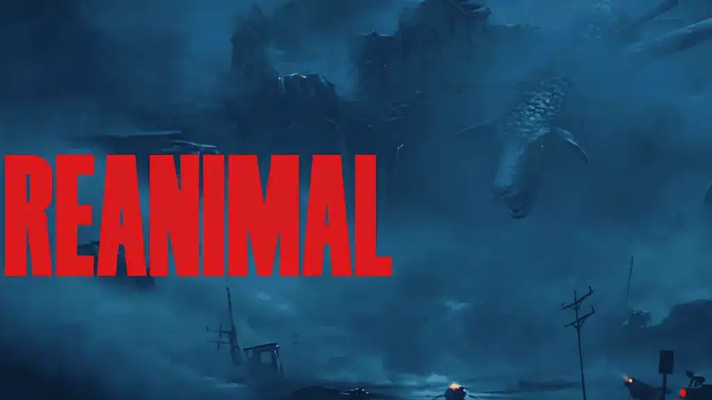 Reanimal game title screen showing a dark blue stormy sea with a giant creature in the background