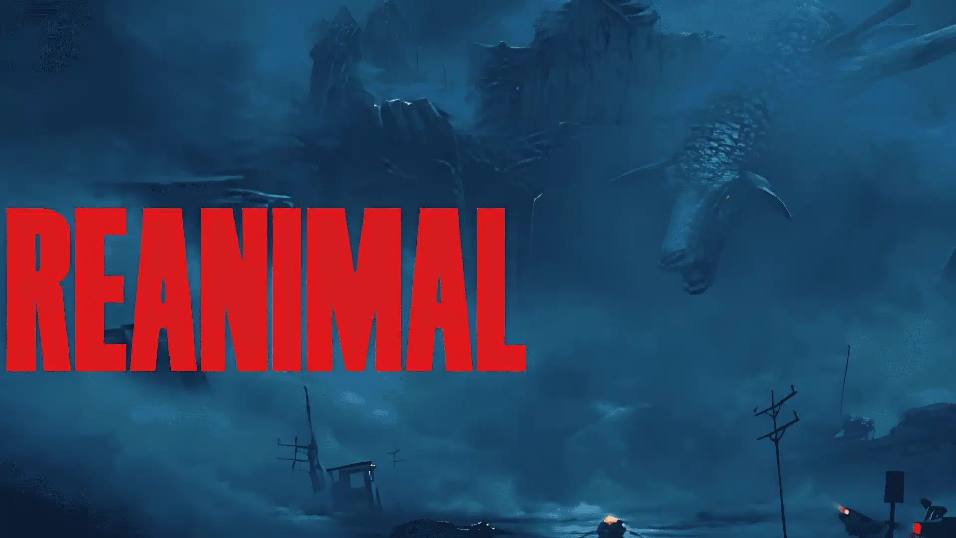 Reanimal game title screen showing a dark blue stormy sea with a giant creature in the background