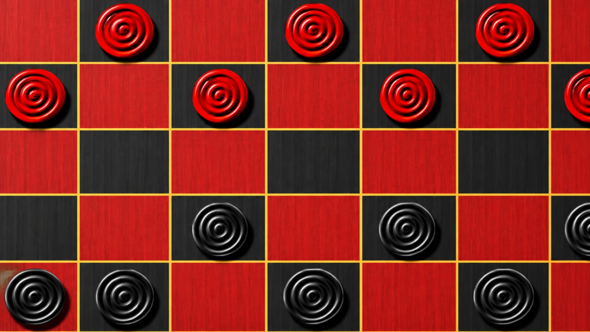 Red and black checkers pieces positioned across a wooden checkerboard during play