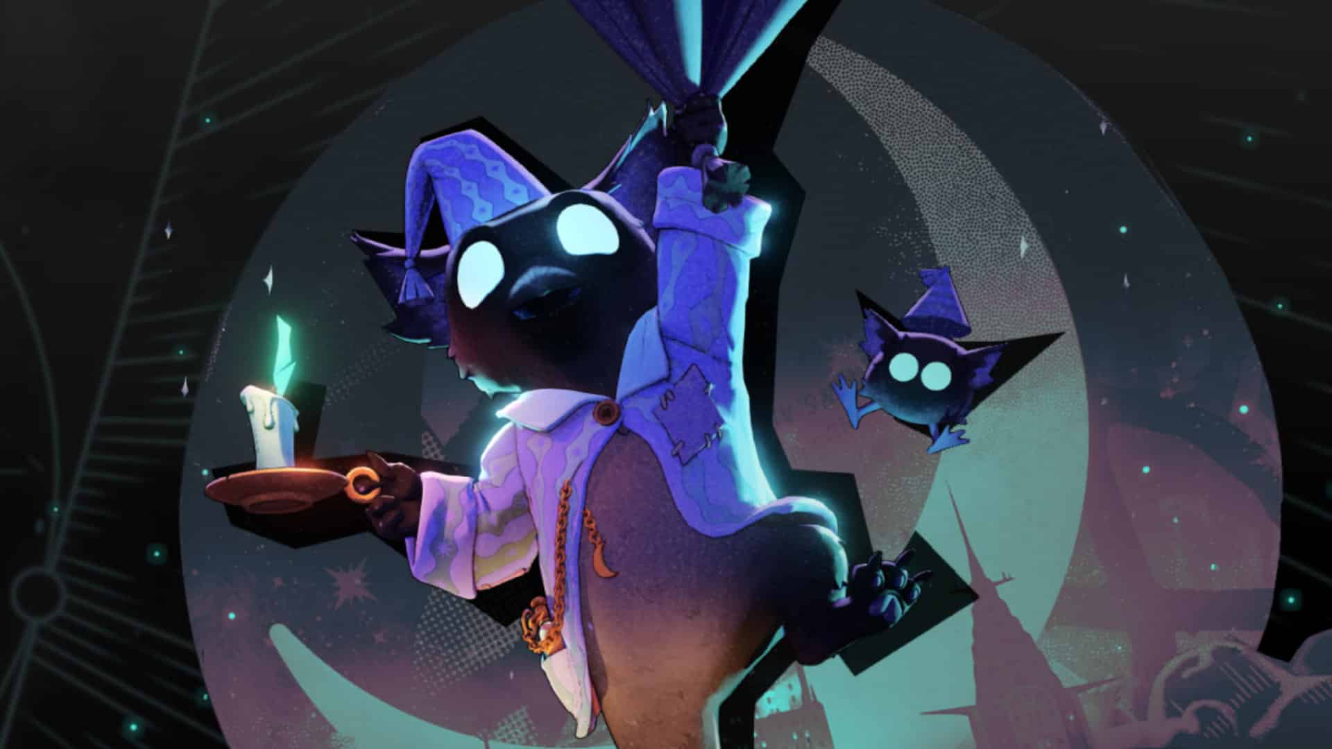 Masked fantasy character holding a glowing candle with a small floating companion nearby