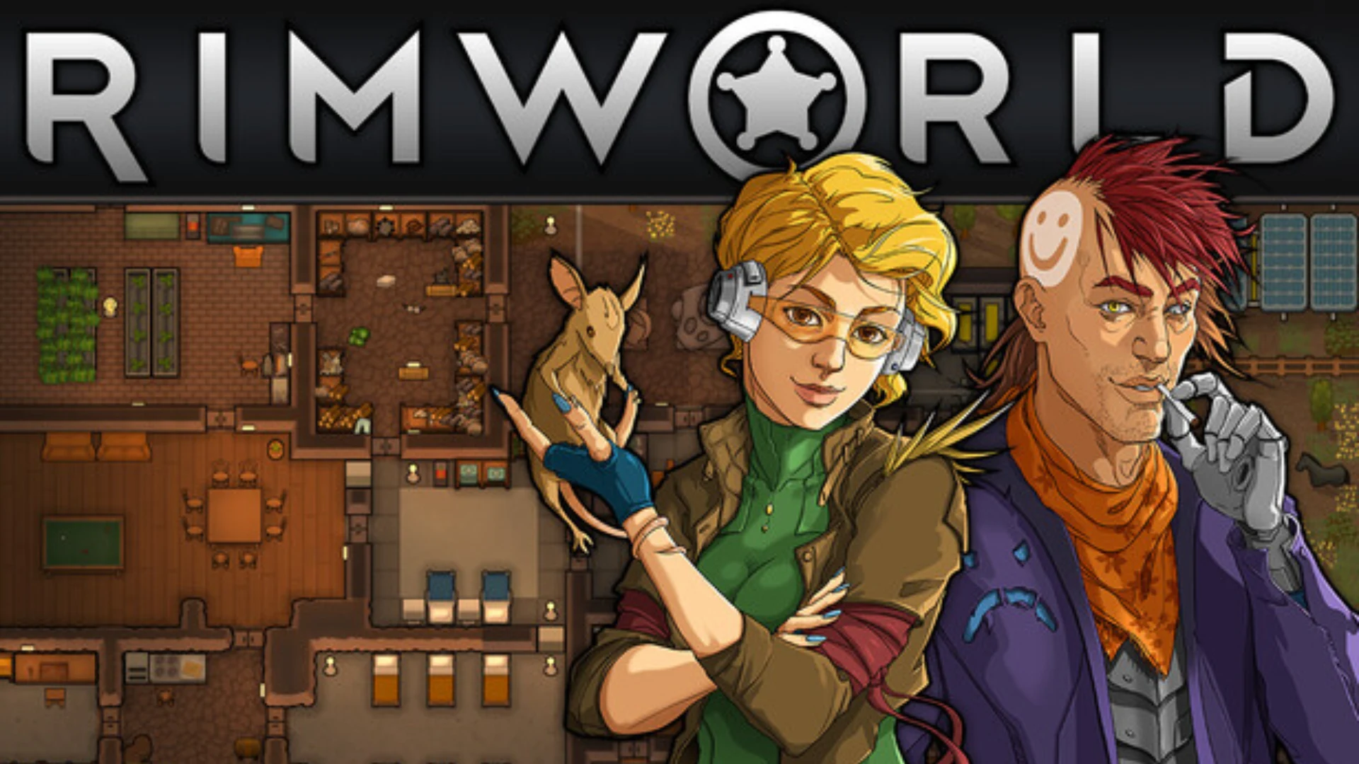 Rimworld colony base with two illustrated survivors over a detailed settlement layout