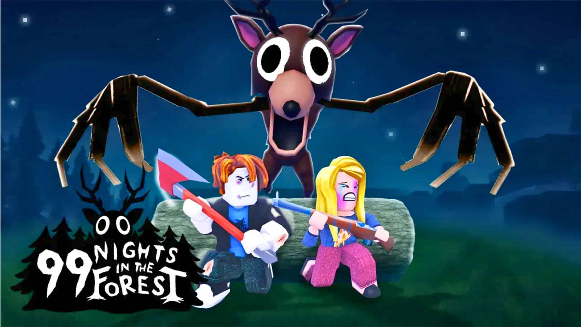 99 Nights in the Forest Roblox game scene with characters and a large creature