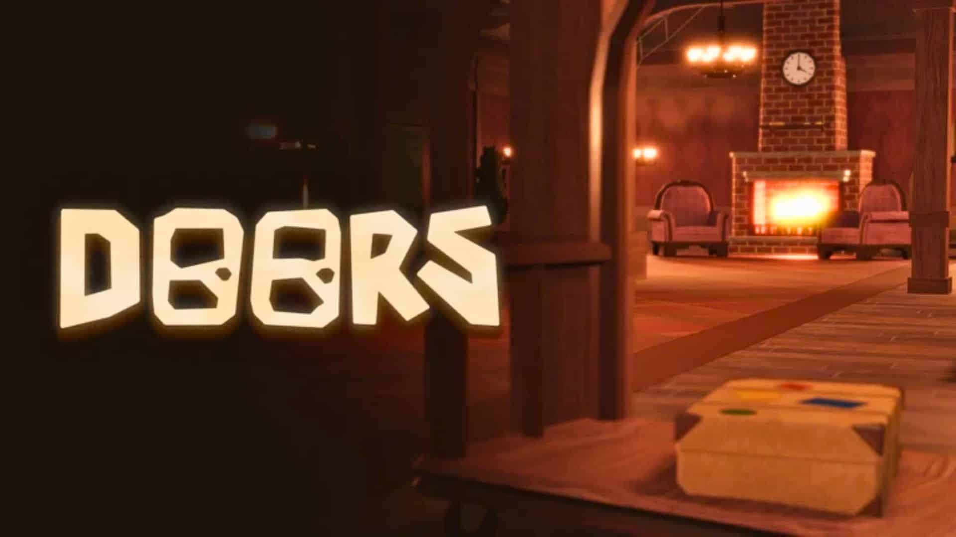 Roblox DOORS game scene with a dark room, fireplace, chairs, and doorway
