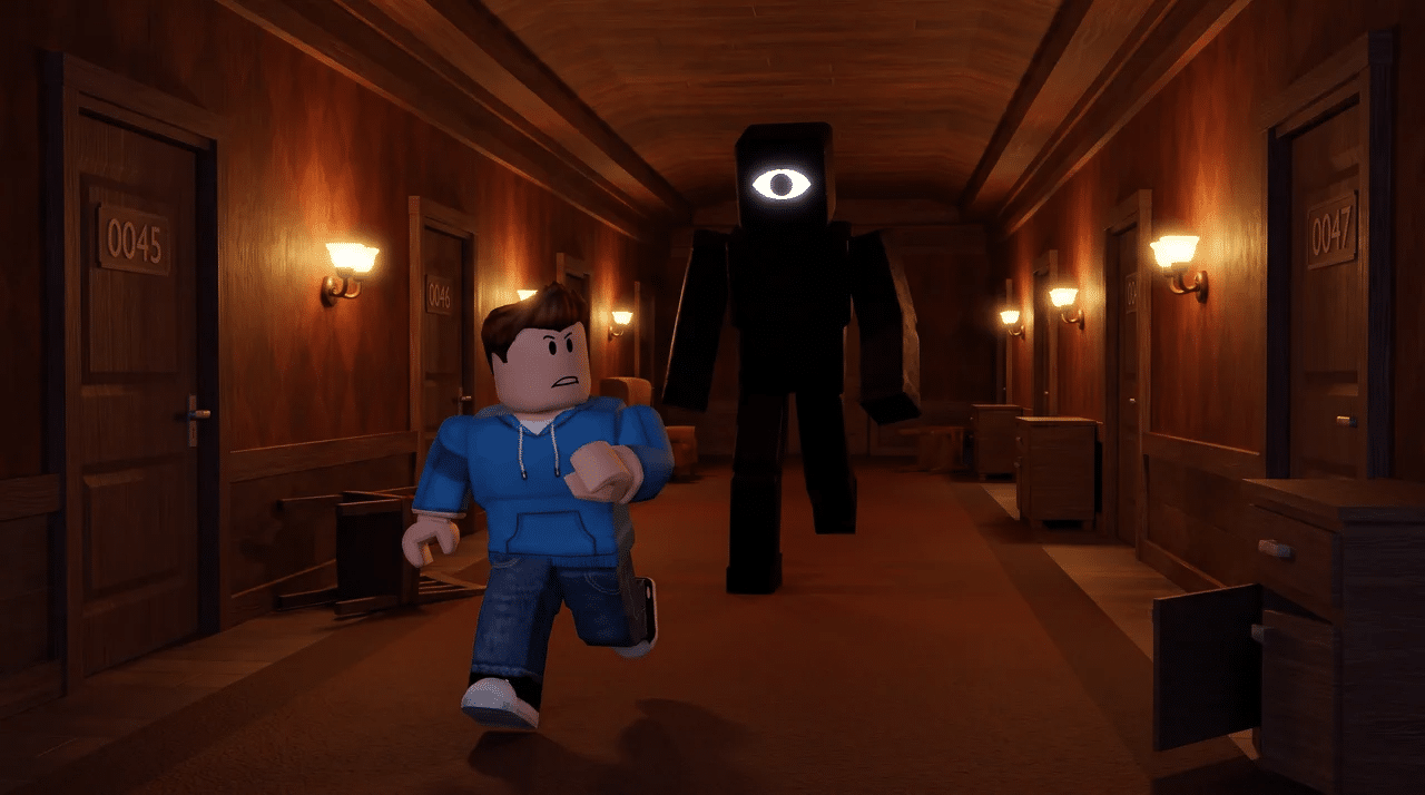Roblox avatar running through a hotel hallway while a tall black monster with a glowing eye follows behind