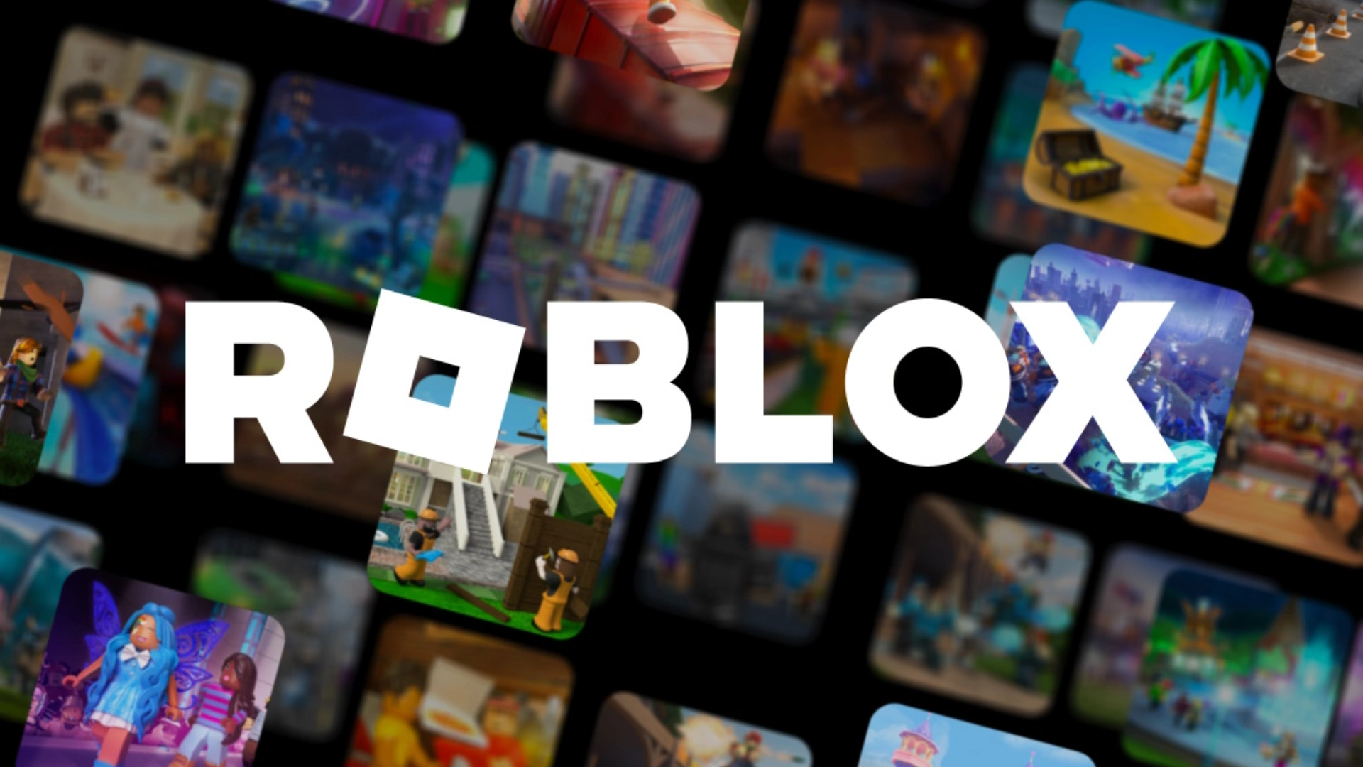 Roblox logo over a collage of colorful game scenes and characters on a dark background