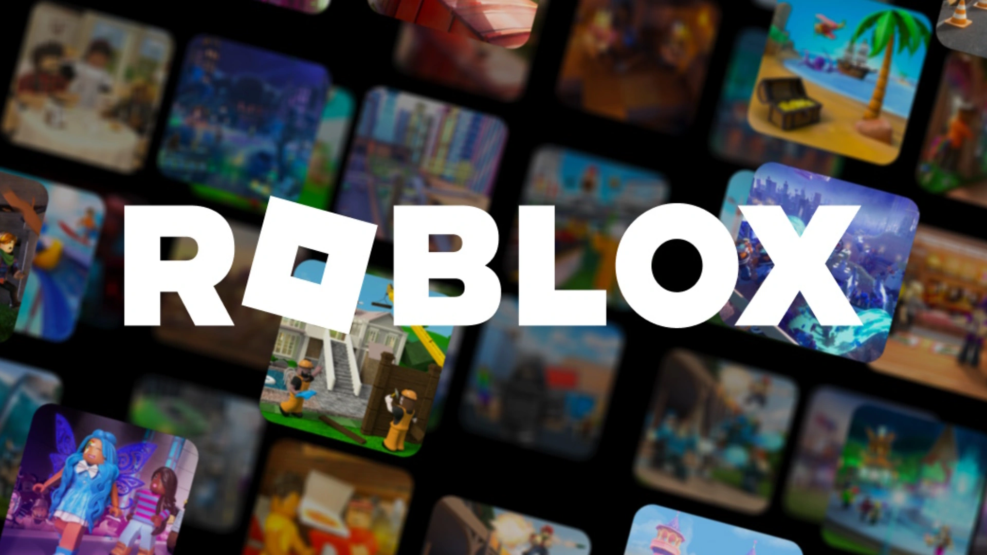 Roblox logo over a collage of colorful user created game scenes with varied characters