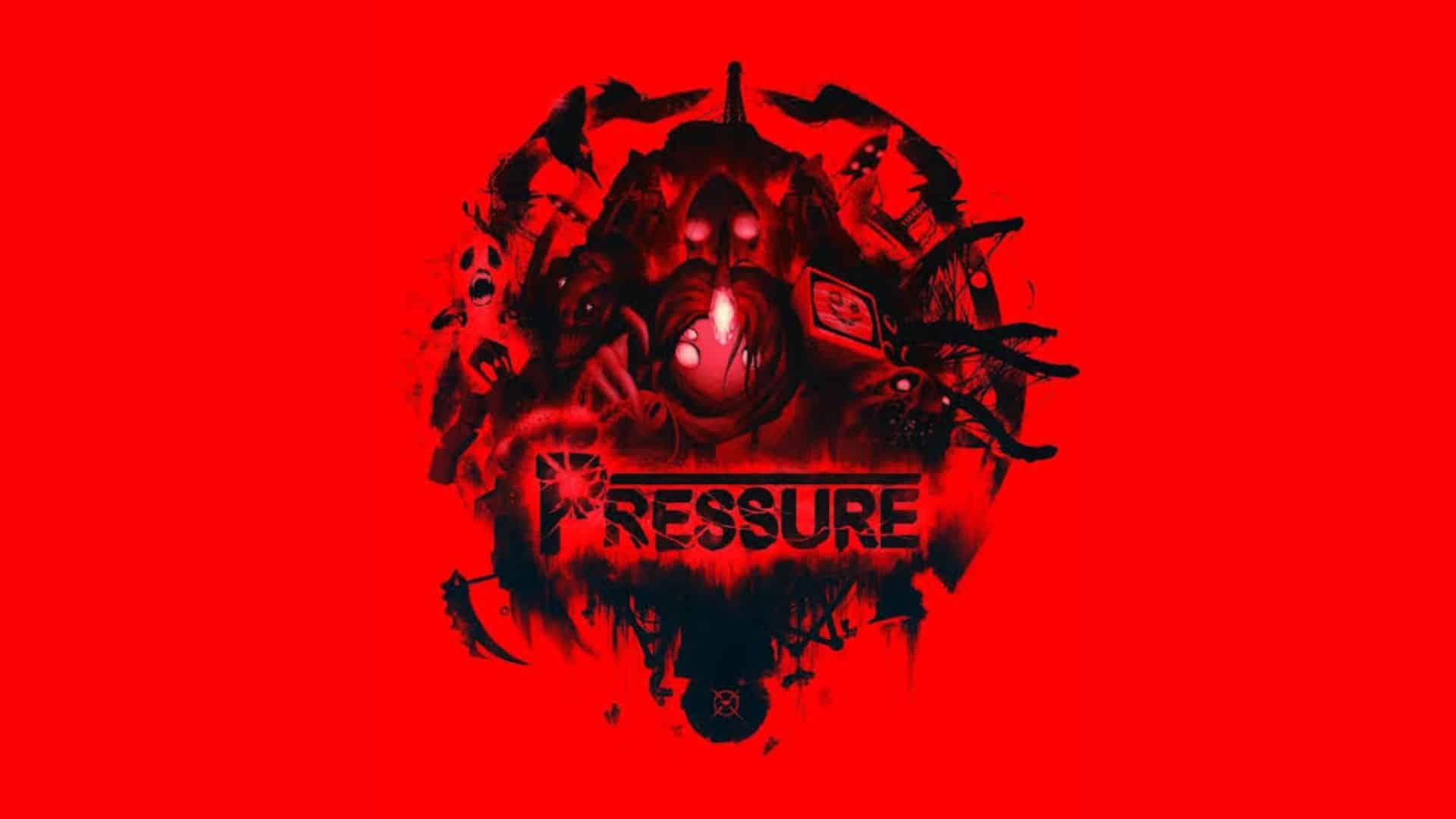 Pressure Roblox horror game logo with dark creature artwork on a red background
