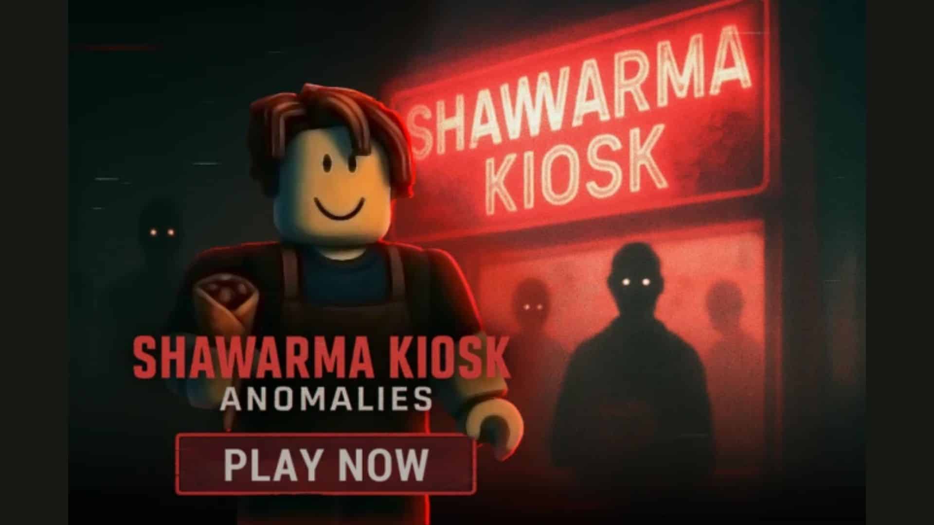 Scary Shawarma Kiosk Roblox game scene with a character, red kiosk sign, and dark figures