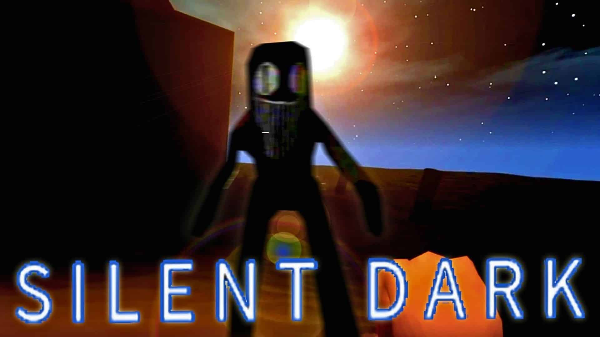 Silent Dark Roblox horror game scene with a dark figure under a night sky
