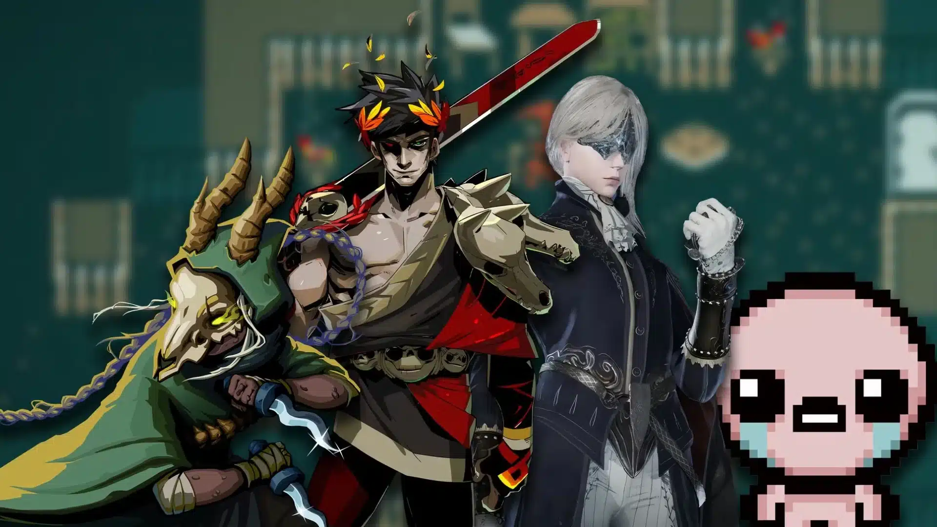 Roguelike game characters from Hades and other titles posed together in one scene