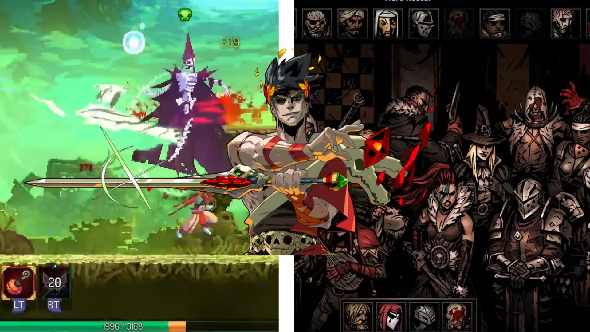 Hades, Dead Cells, and Darkest Dungeon artwork combined in a roguelike game collage