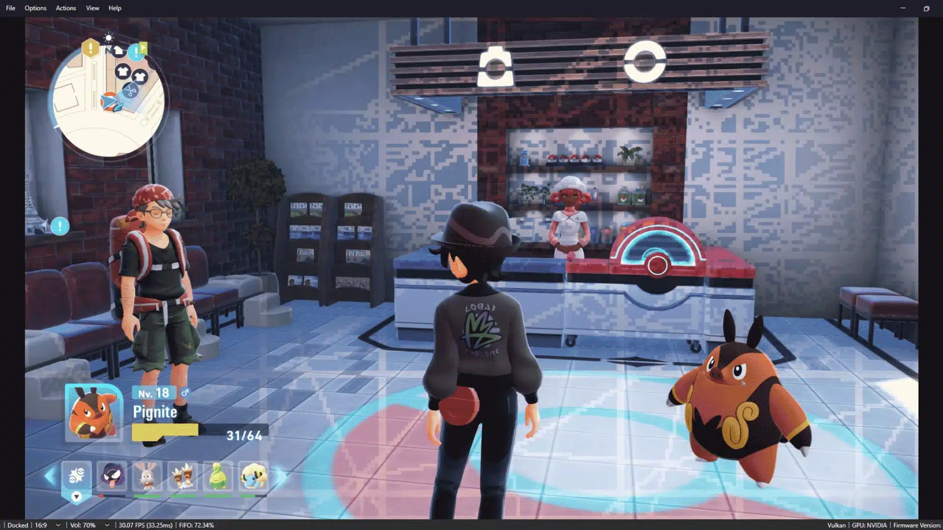 An indoor screenshot from a Pok&eacute;mon Legends: Z-A, displaying a 3D environment inside a Pok&eacute;mon Center.