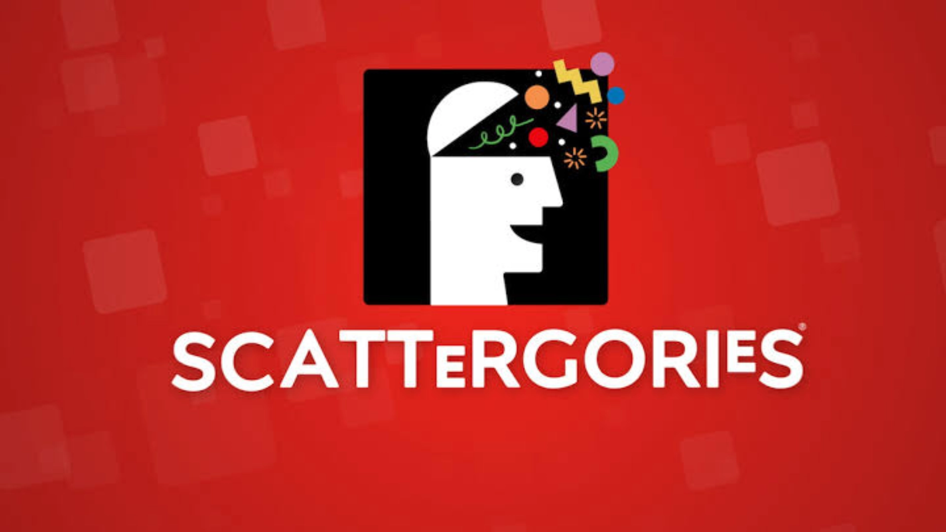 Scattergories game logo on a red background with a stylized head and colorful shapes