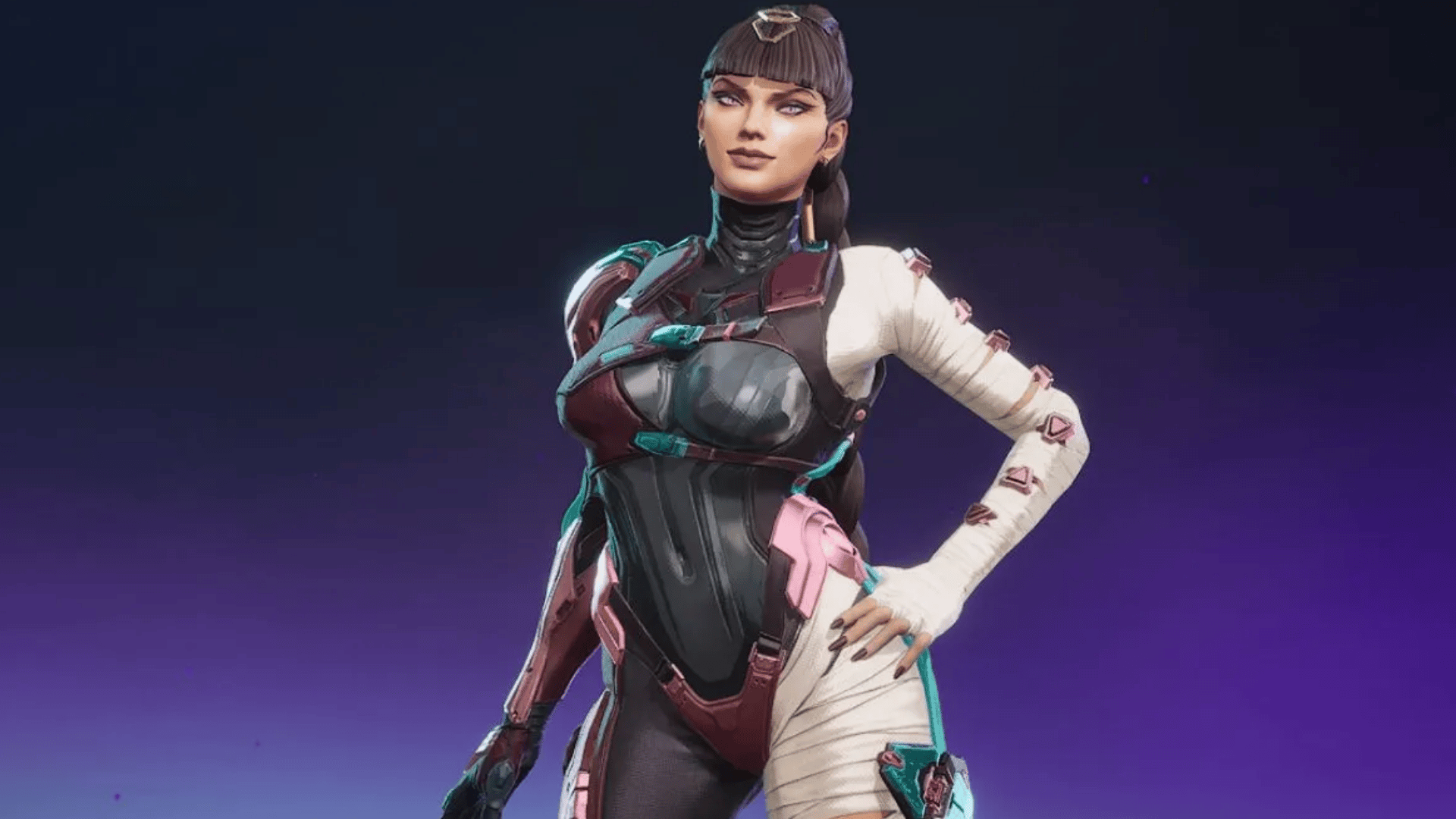 Serket character from FragPunk wearing black, white, pink, and teal futuristic armor against a purple background
