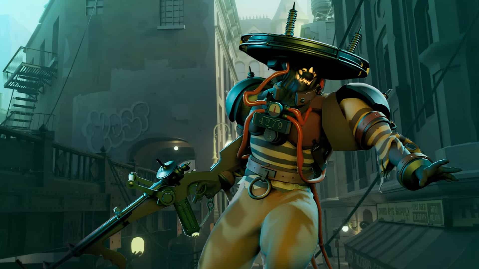 Mechanical fighter with wide metal hat holding a rifle in a dark urban street scene