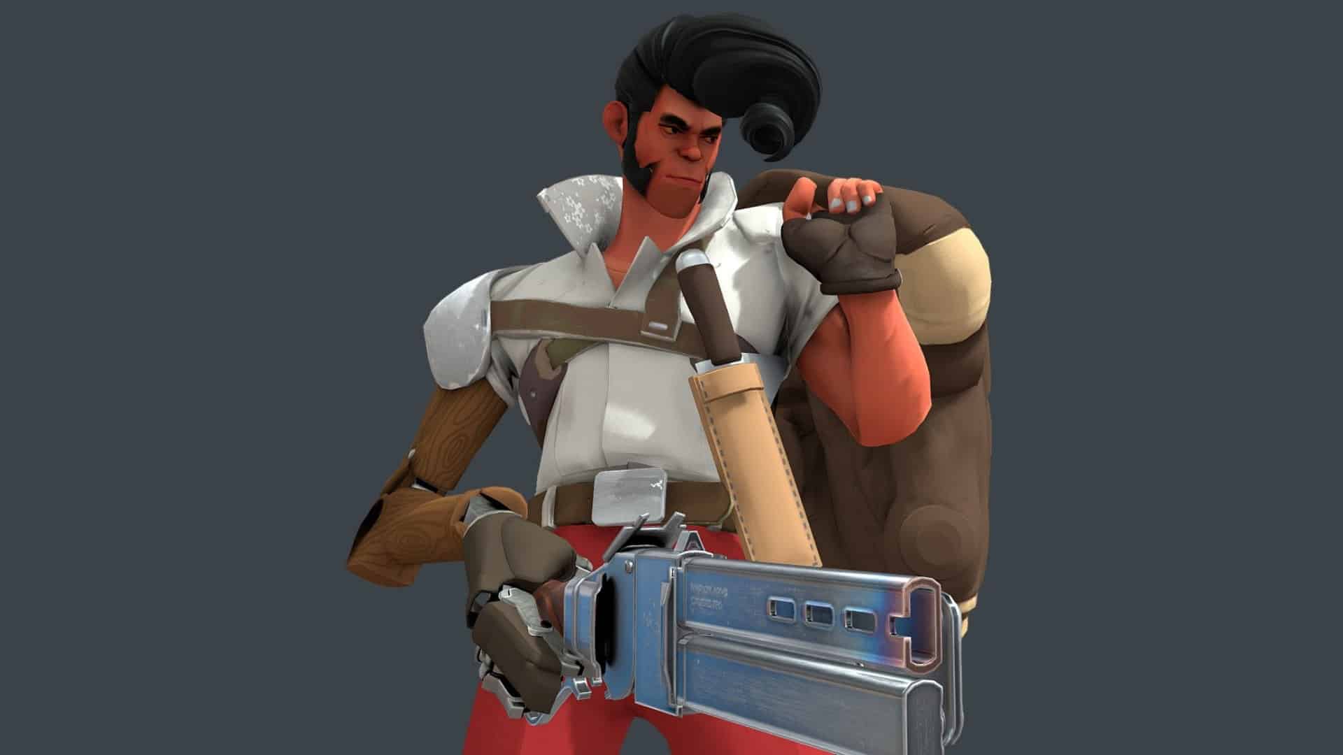 Pompadour-haired fighter carrying a large blue firearm and backpack on a dark background