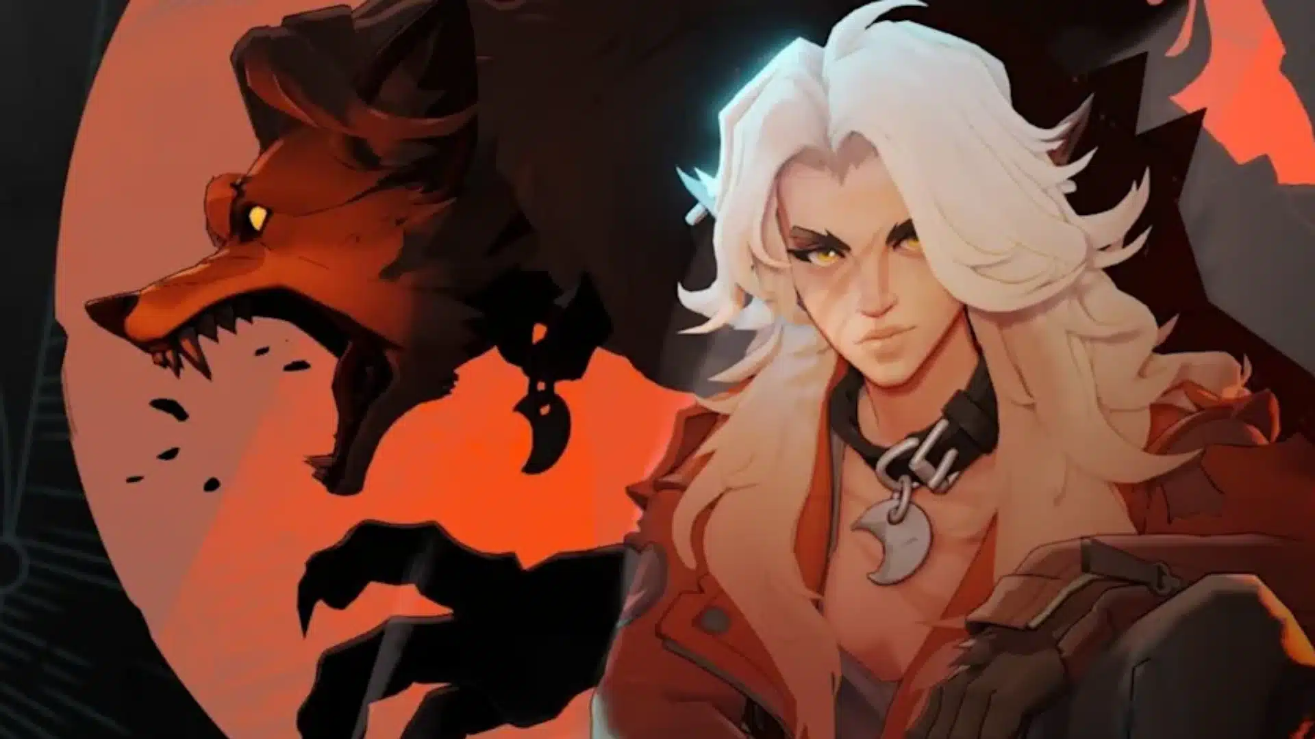 White-haired fighter with a wolf silhouette against a fiery orange and black backdrop