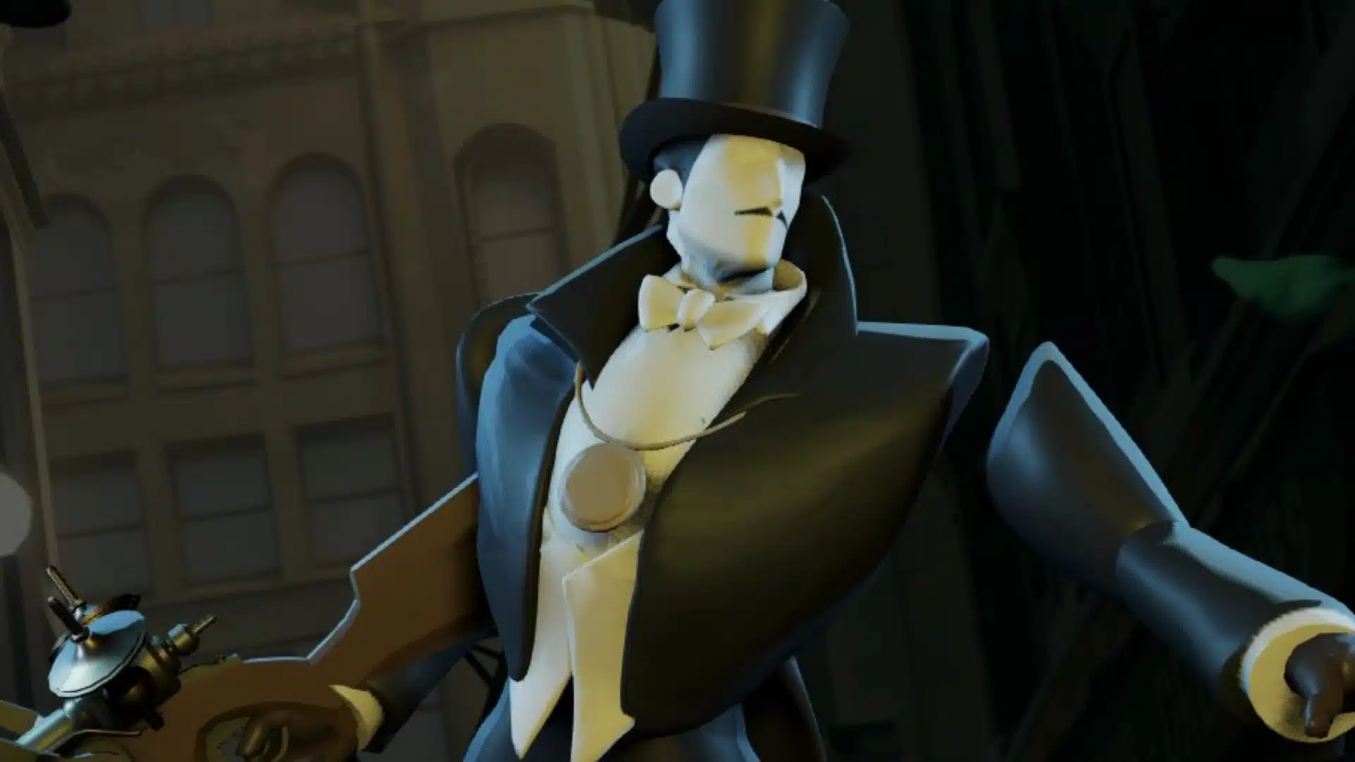 Top-hatted fighter in formal black attire holding a large weapon in a dark city alley