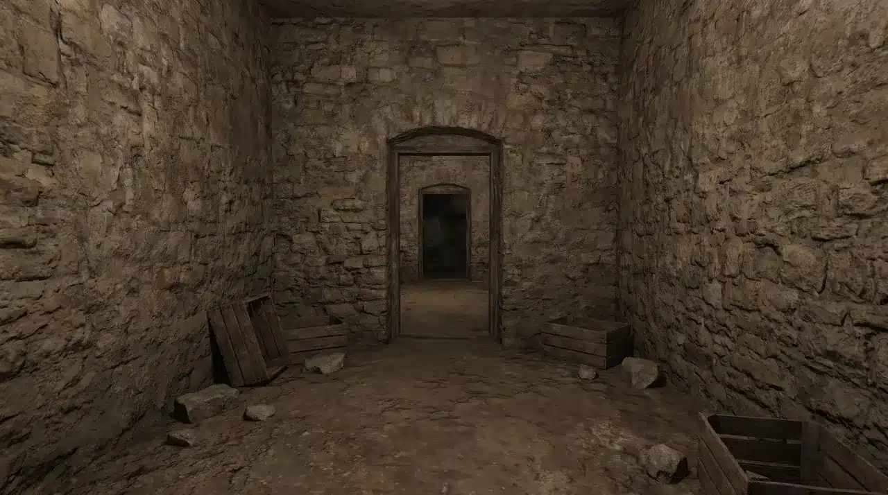 Narrow stone room with a single doorway leading straight ahead