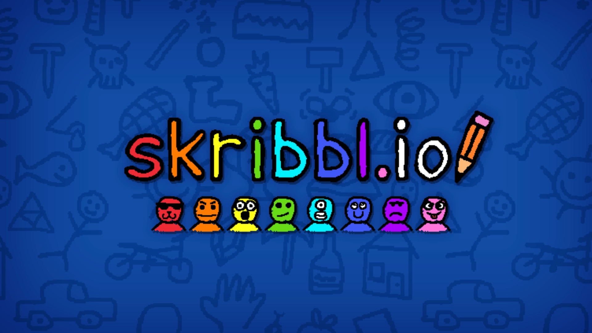 Skribbl.io game logo on a blue background with colorful player icons and doodles