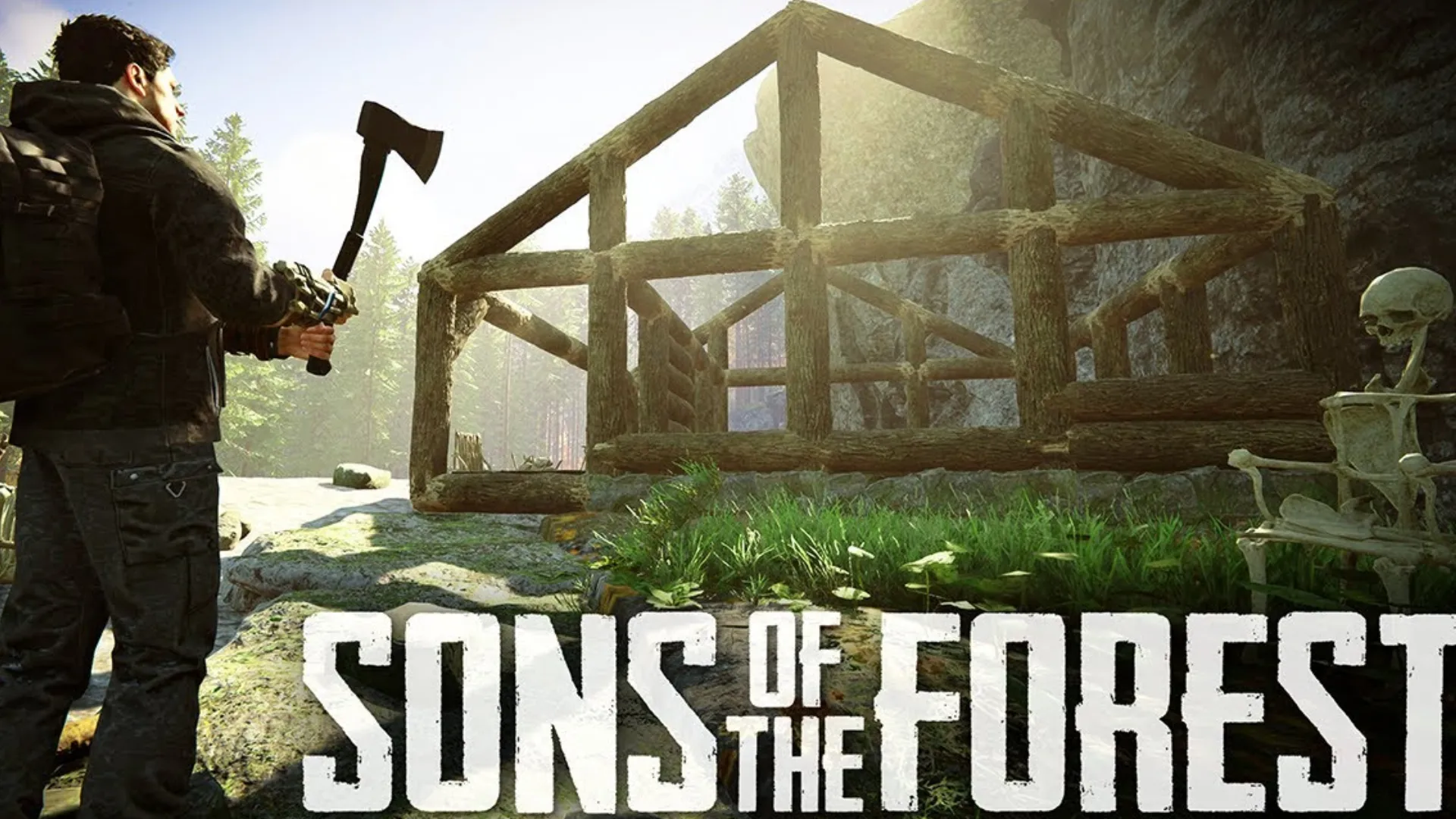 Sons of the forest survivor holding an axe beside a wooden shelter in the forest