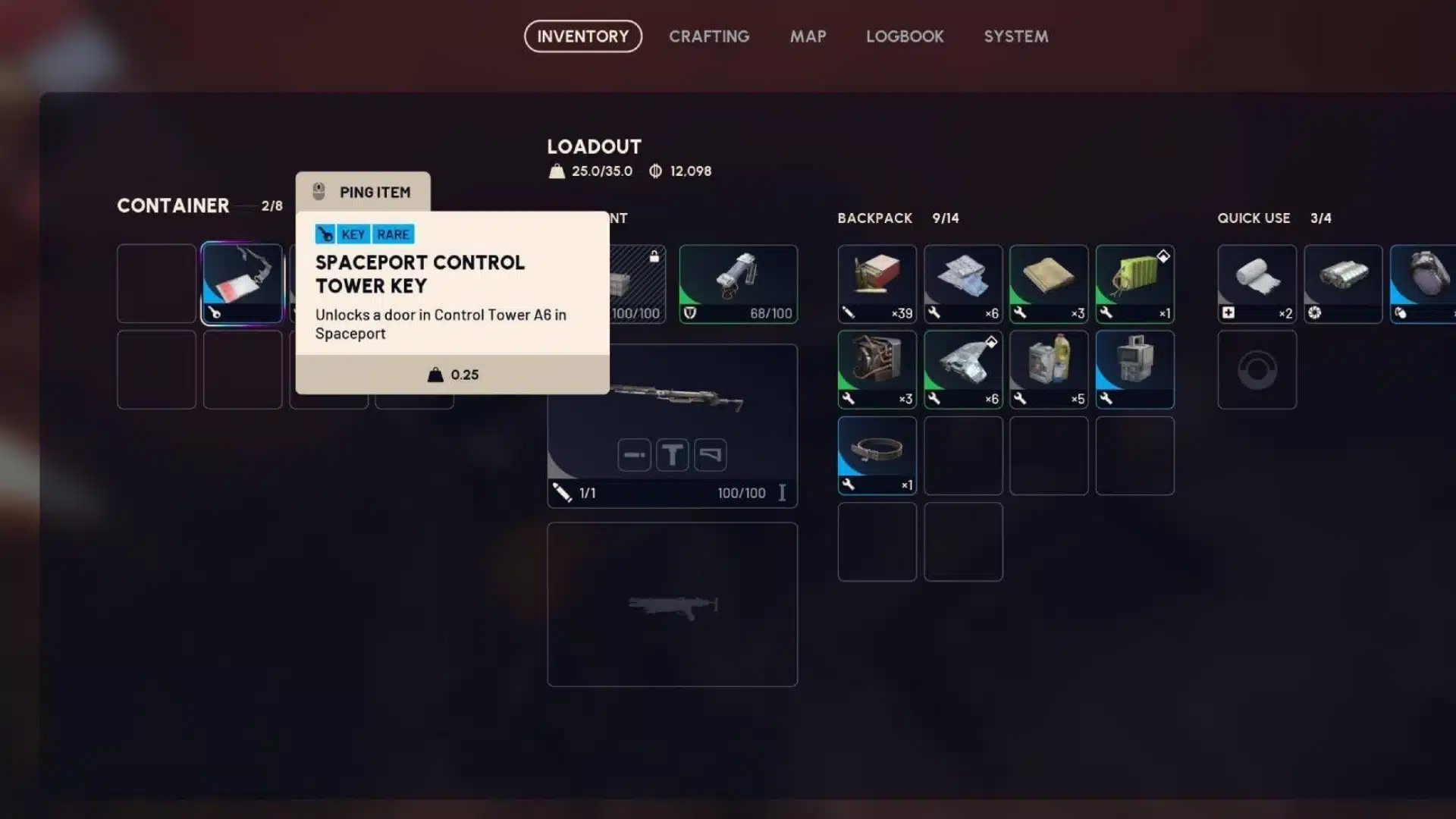 Spaceport Control Tower Key shown in the ARC Raiders inventory before entering Tower A6