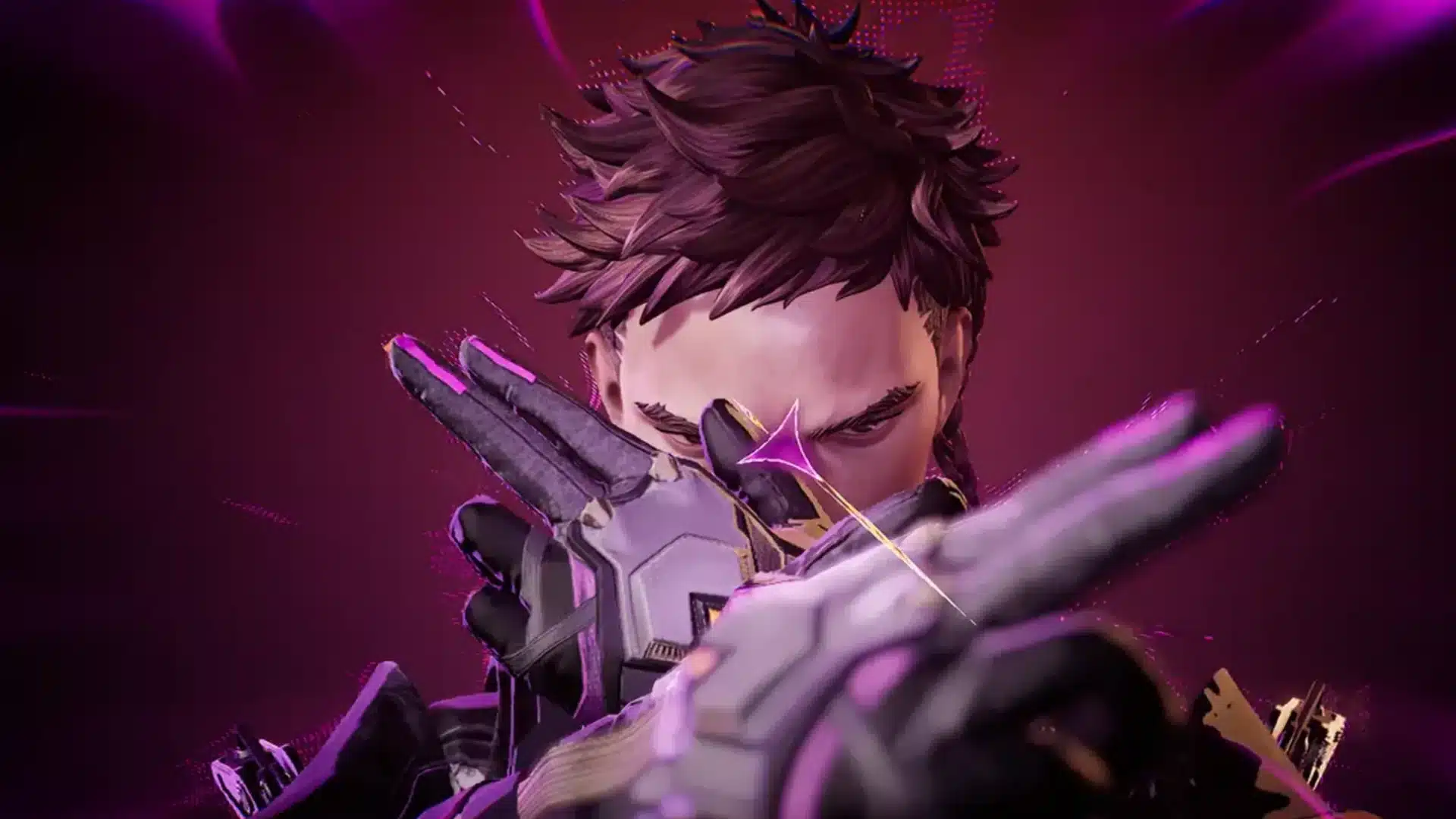 Spider lancer crossing armored hands amid vivid purple energy and neon light effects