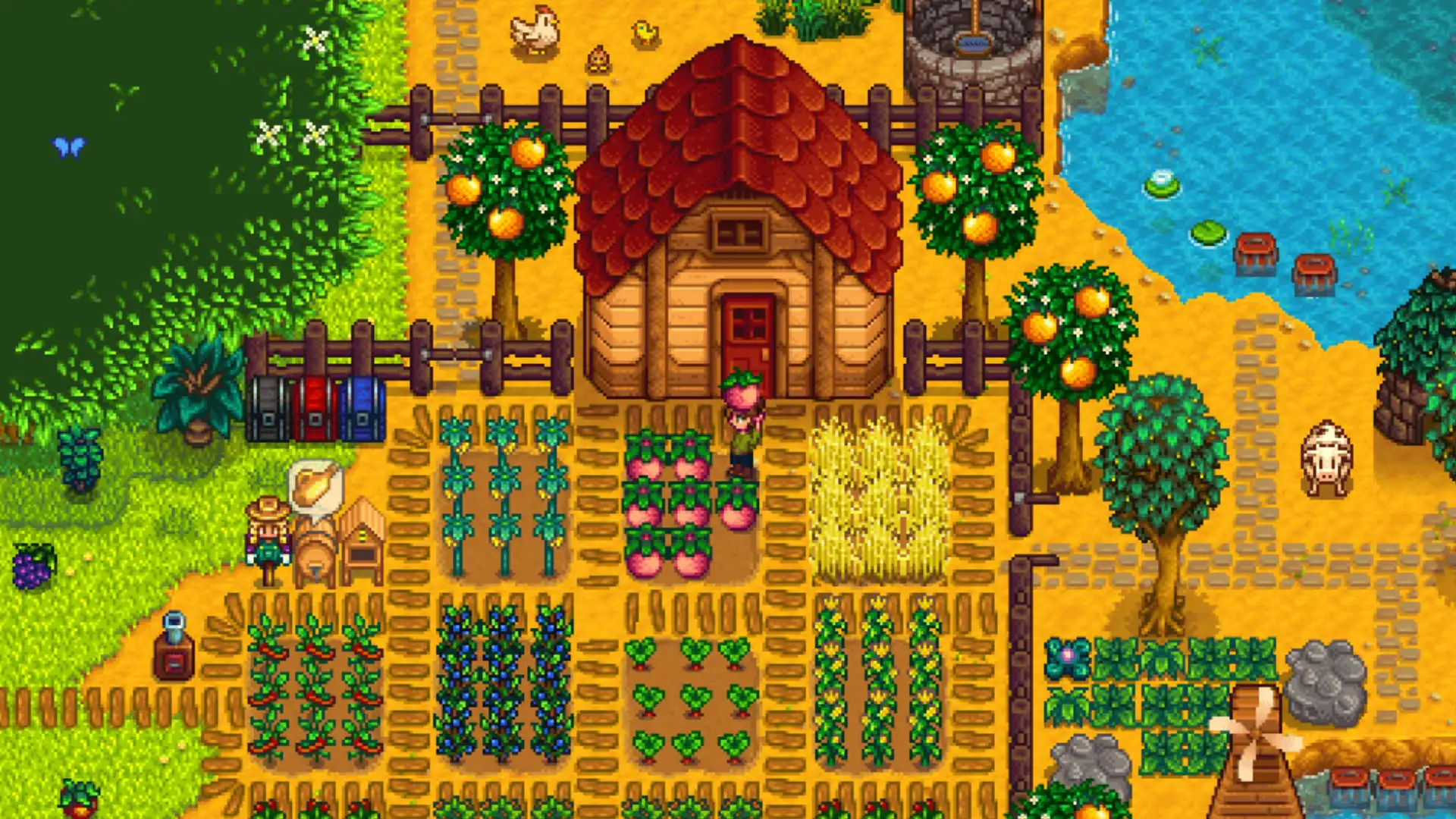 Stardew Valley farm scene with crops fruit trees animals and a wooden farmhouse by water