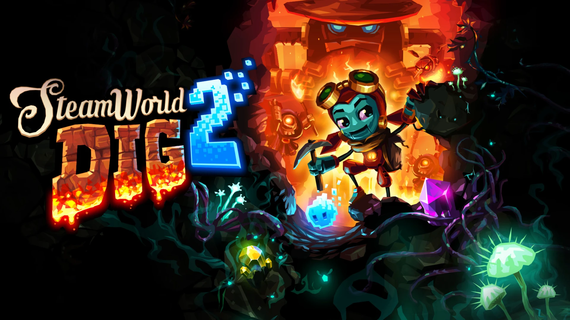 dorothy holds a glowing tool beside the steamworld dig two title in a fiery underground mine