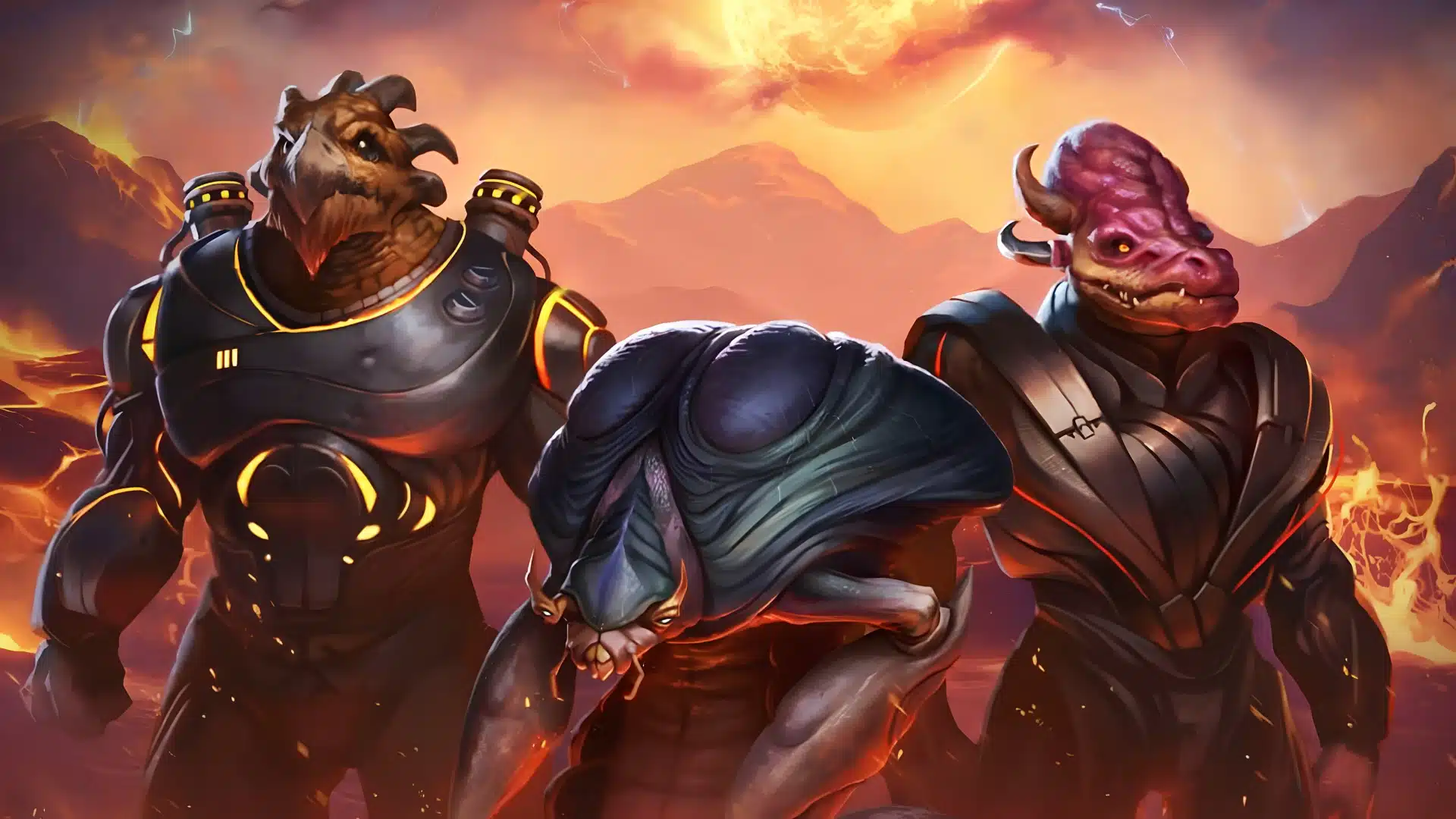 Three unique alien creatures in armor standing before a volcanic landscape.