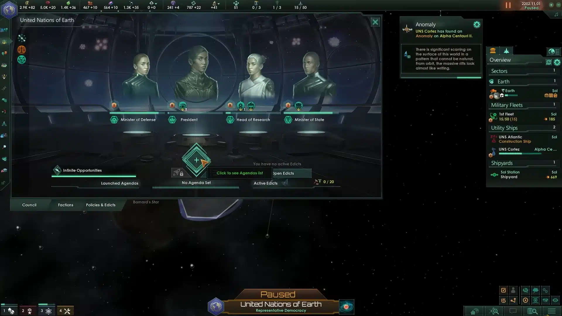 Stellaris game menu displaying government council leaders and faction options.