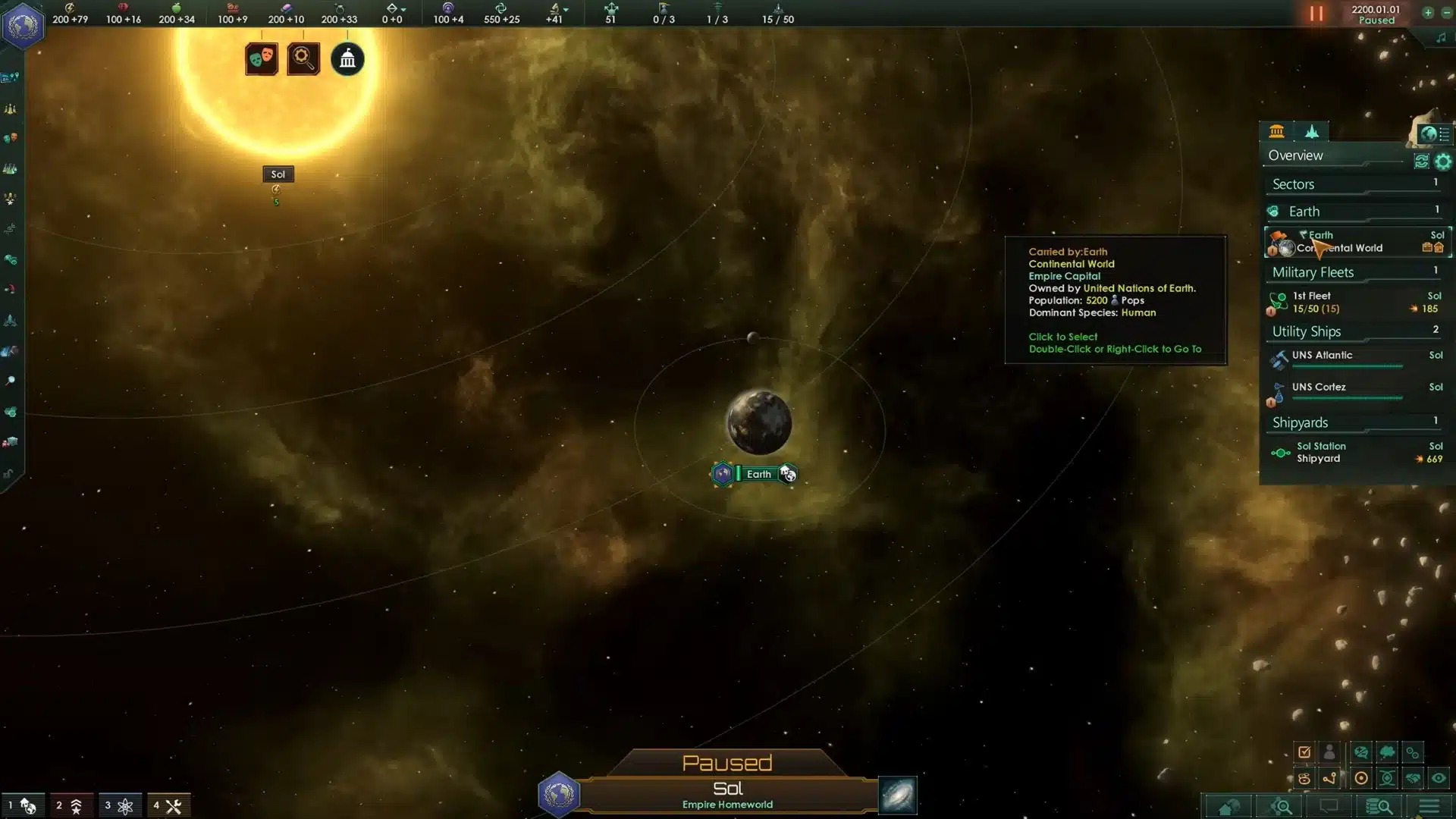 Stellaris strategy view showing planet Earth orbiting the Sol sun in space.