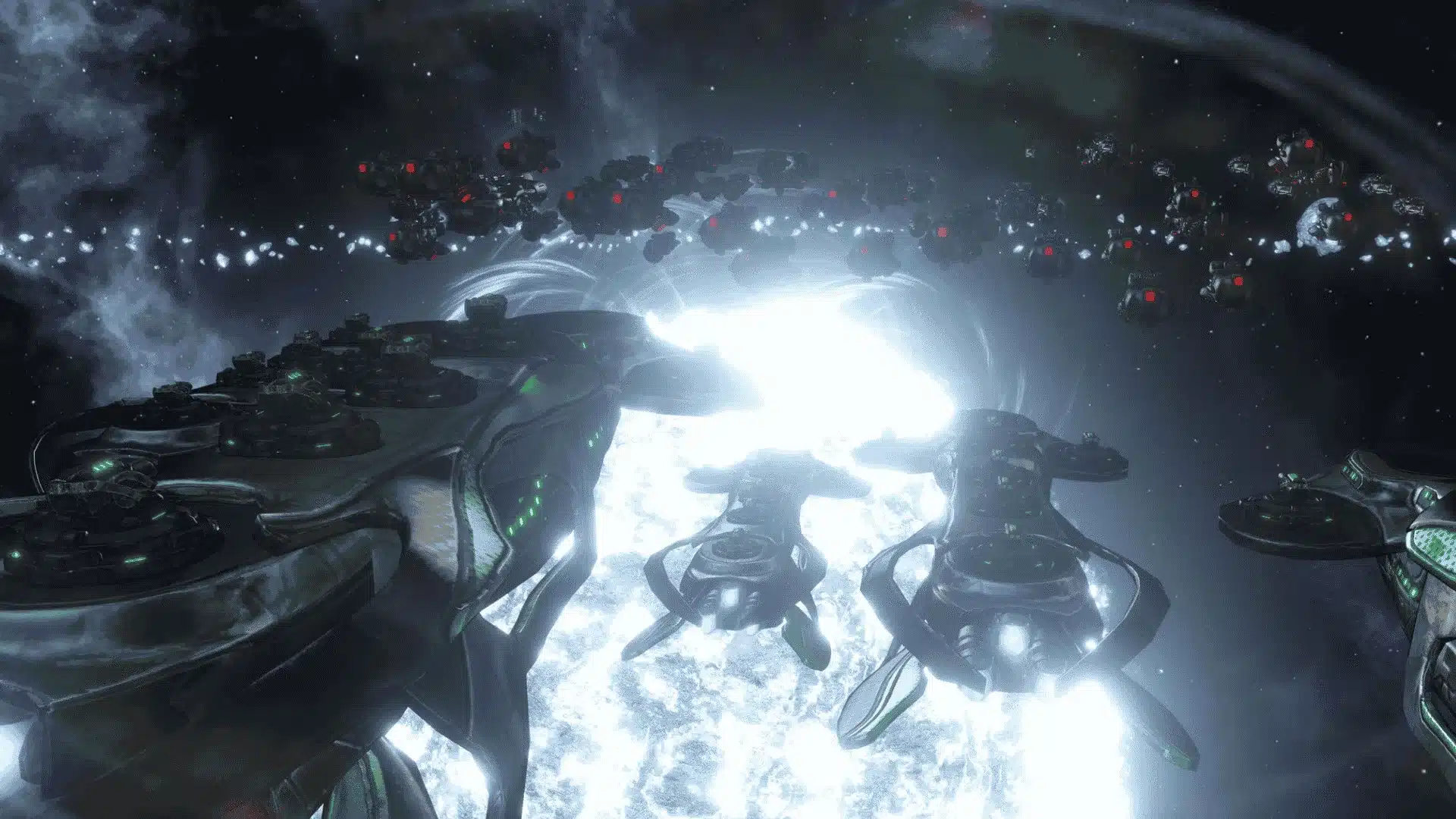 Stellaris space fleet battle with alien ships facing enemies near a bright planet
