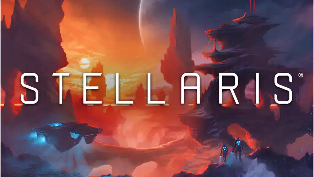 Stellaris game title over an alien landscape with fiery light and futuristic structures