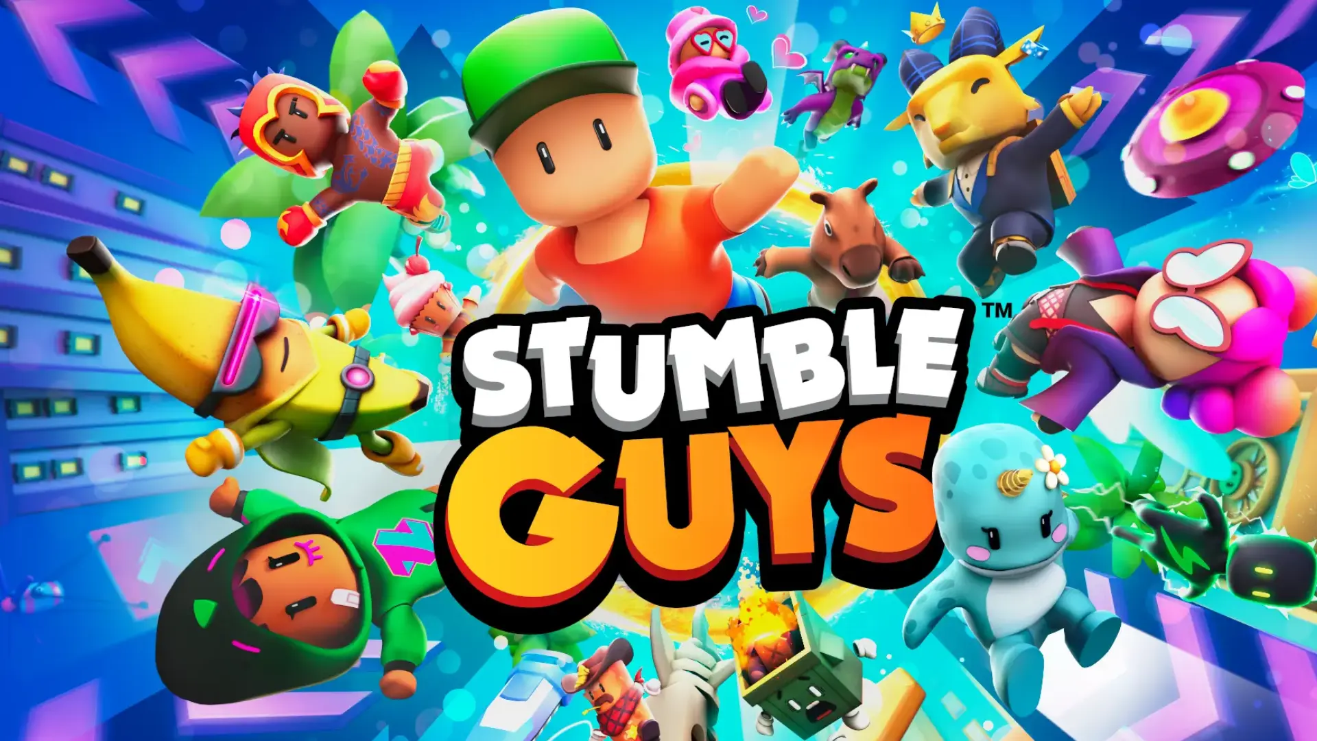 stumble guys showing playful characters racing through colorful obstacle courses in multiplayer game