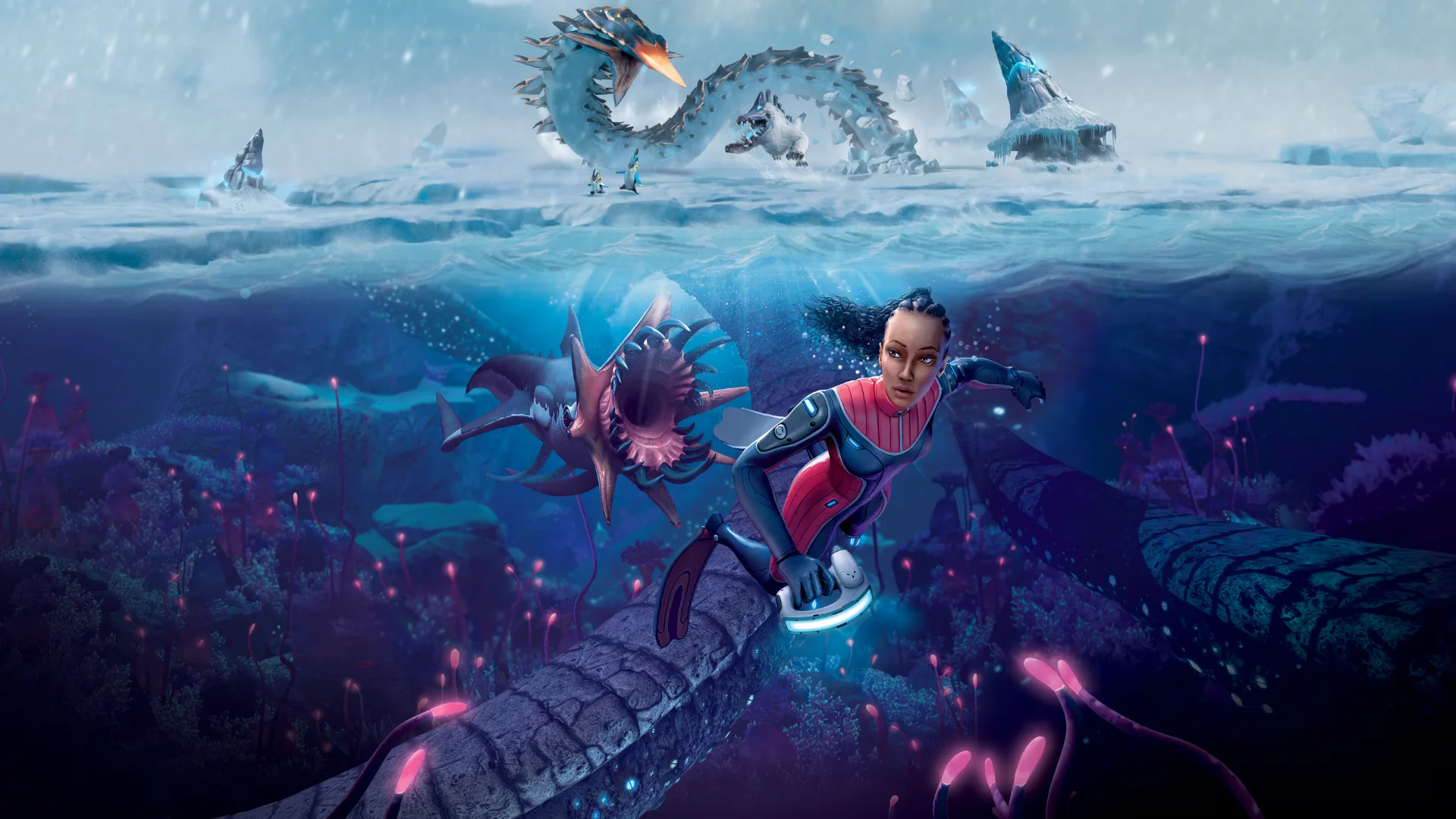 Subnautica survivor swimming from a sea creature beneath an icy alien landscape