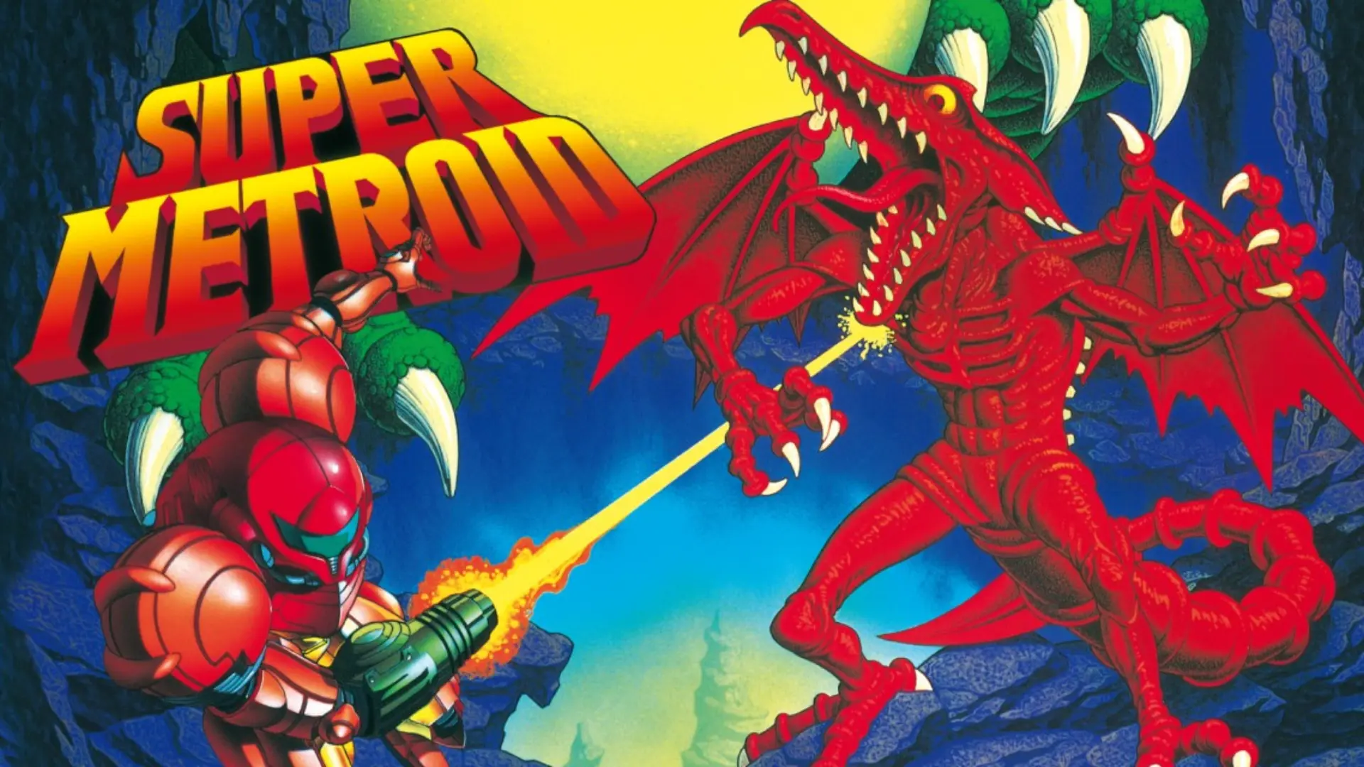 samus battles a large red creature in the colorful illustrated super metroid game artwork scene