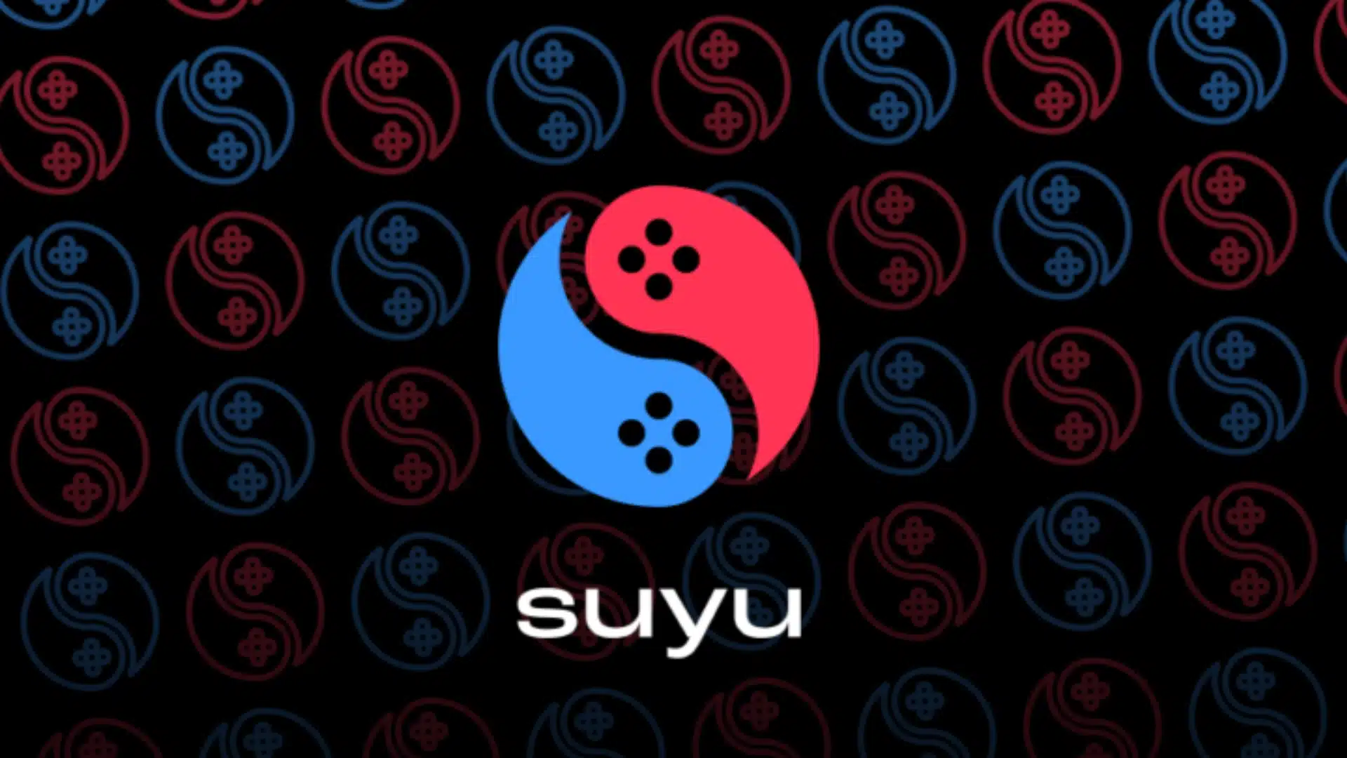 Suyu emulator logo centered over a dark patterned background with red and blue icons