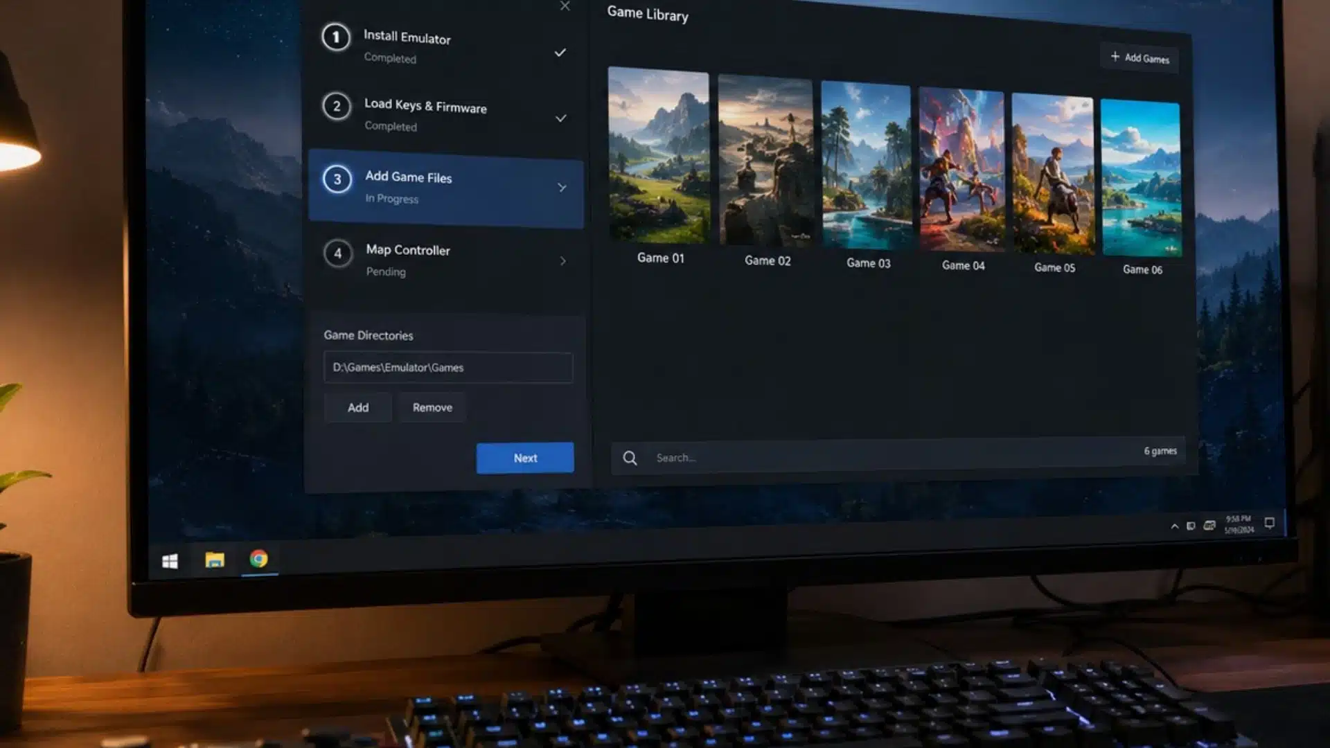 Gaming PC displaying Switch emulator setup steps with controller on a wooden desk