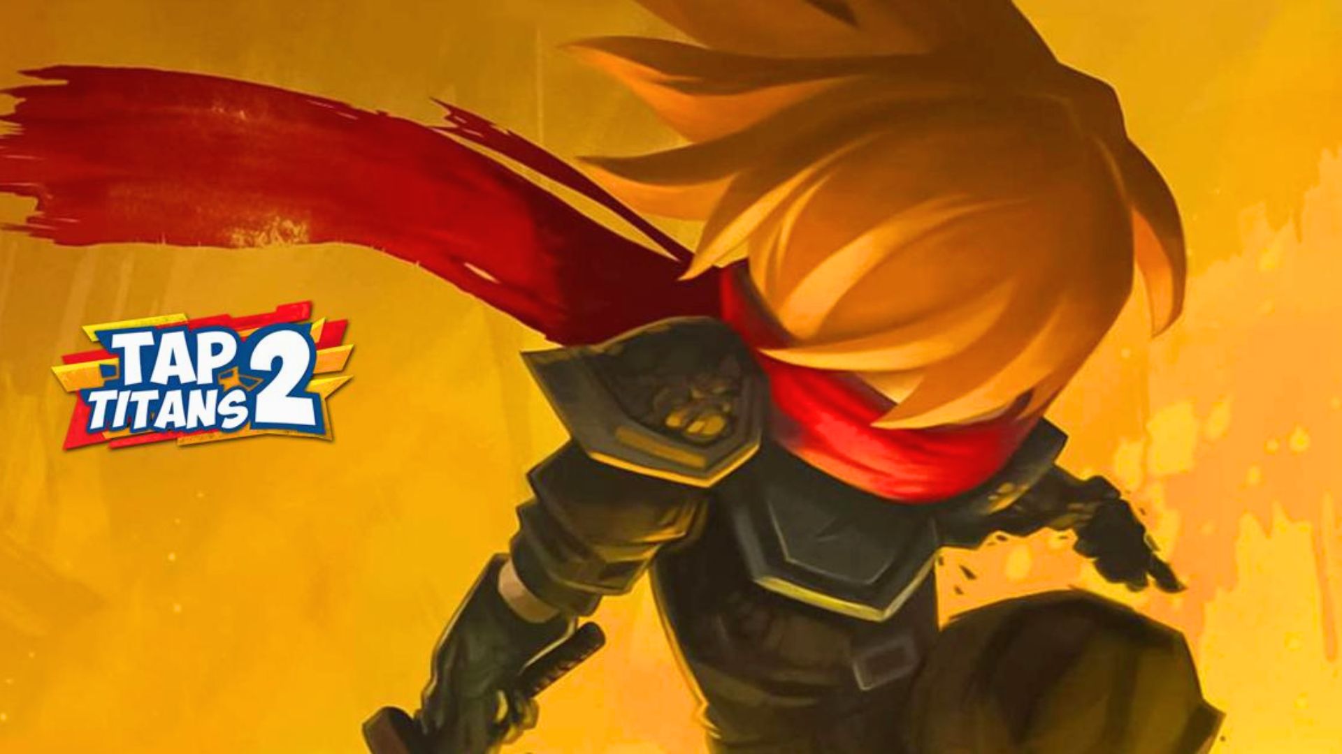 Tap Titans 2 game logo with a fantasy warrior character and action-themed background.