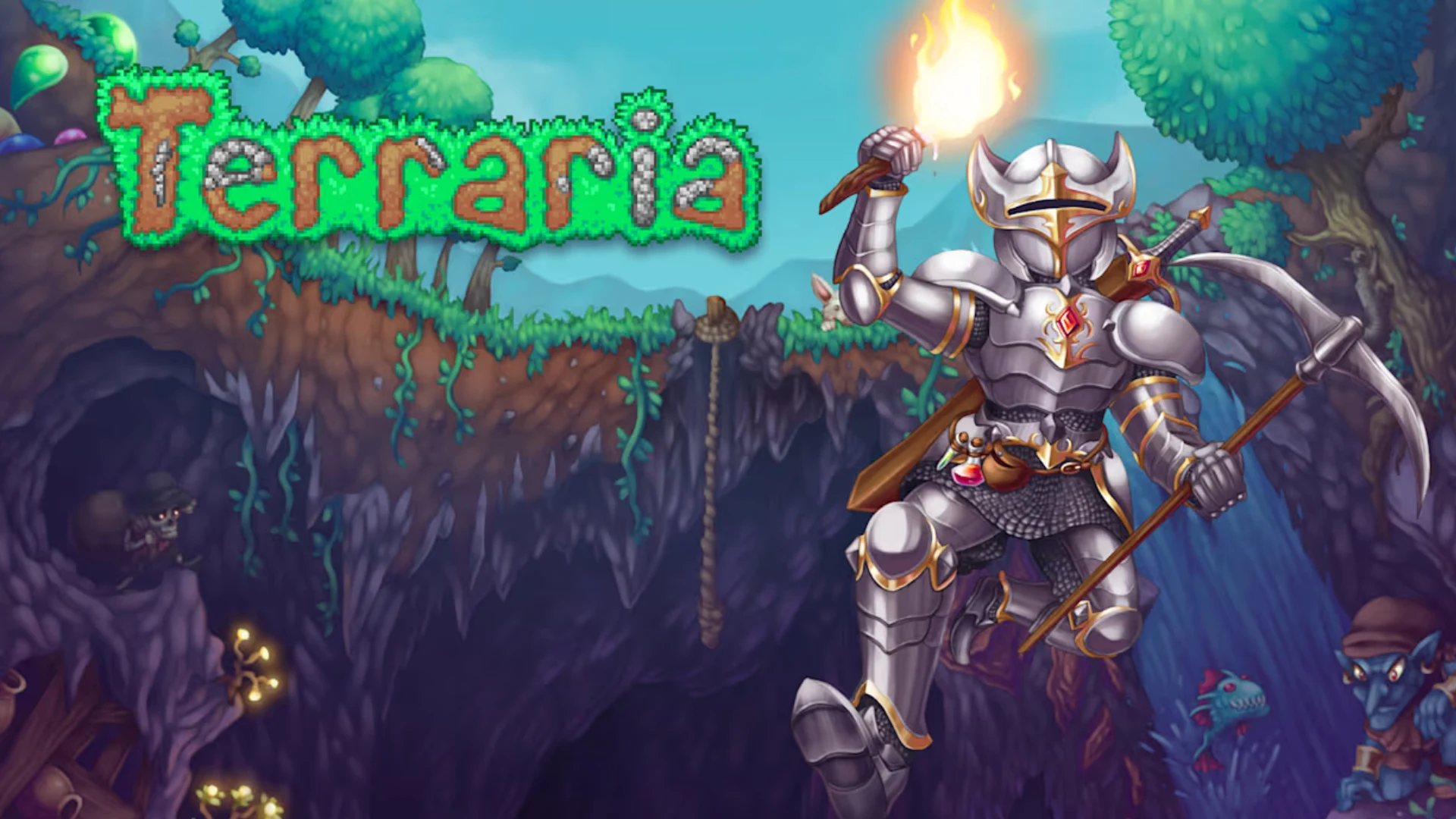 Terraria armored hero holding a flaming torch and scythe in a colorful underground world
