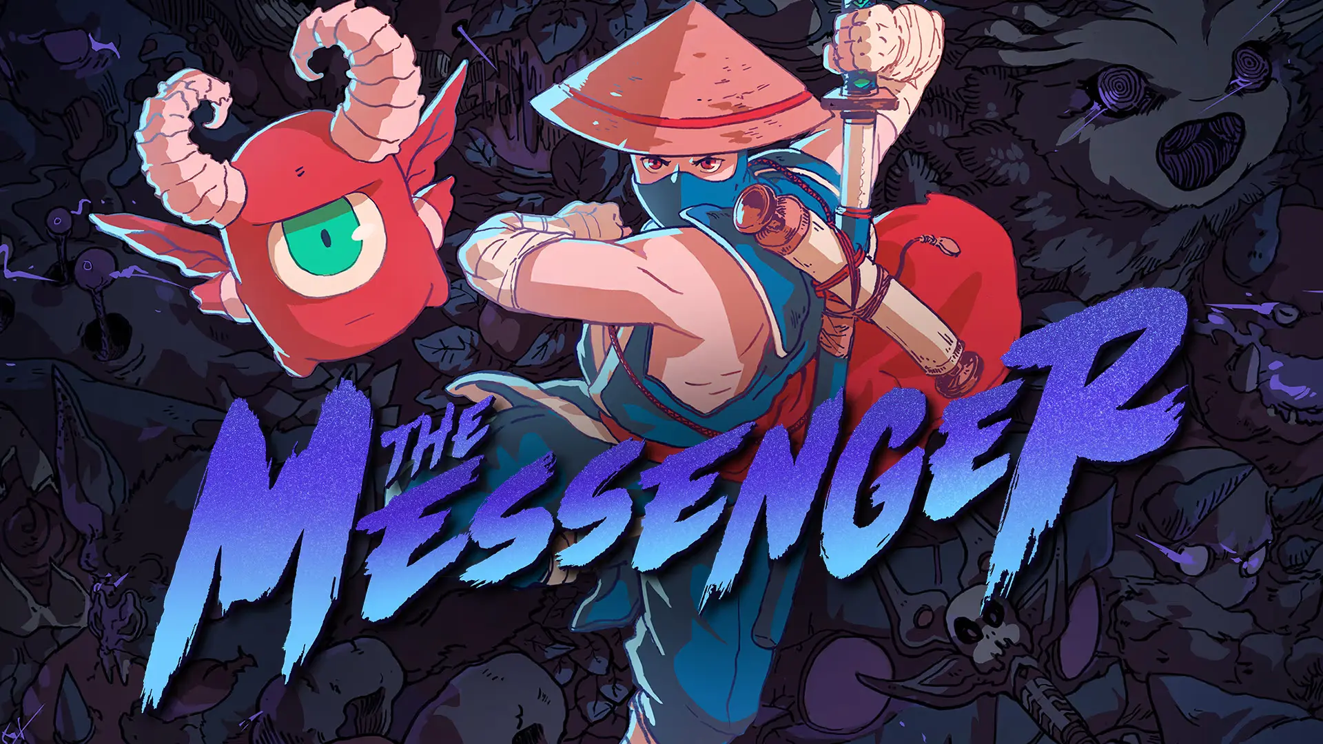 a masked ninja charges with a sword beside the messenger title and fierce illustrated enemies