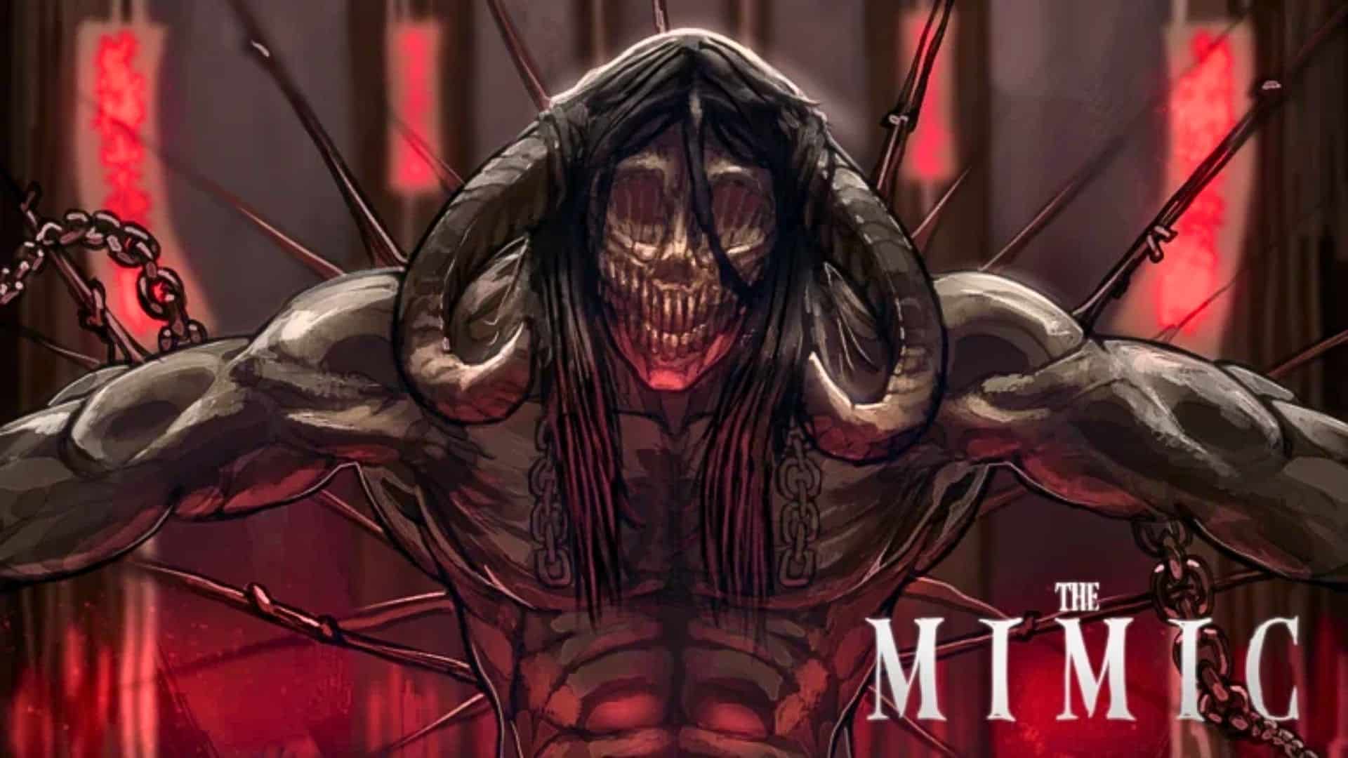 Horned monster with chains and a skeletal face in Roblox horror game The Mimic