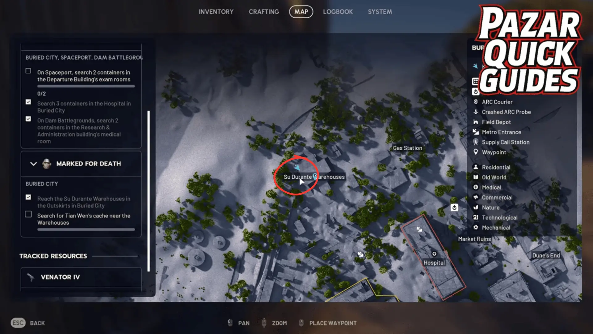 Arc Raiders map highlighting Tian Wen&rsquo;s cache near the letter R in the Su Durante Warehouses label.