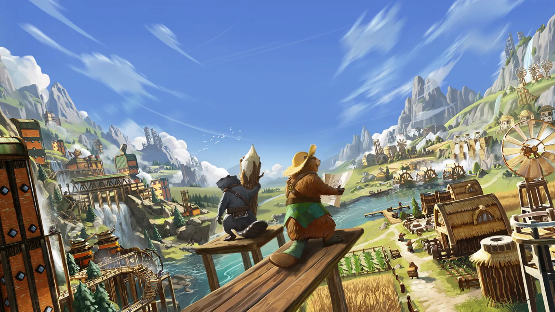 Timberborn beavers overlooking a large riverside settlement with farms dams and water wheels