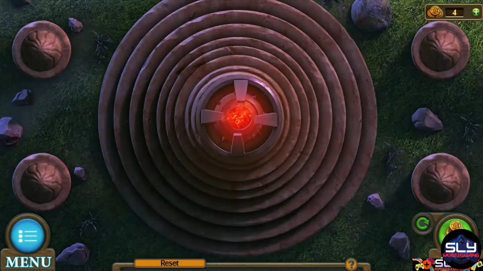 A top-down view of a concentric circular stone puzzle with a glowing red core.